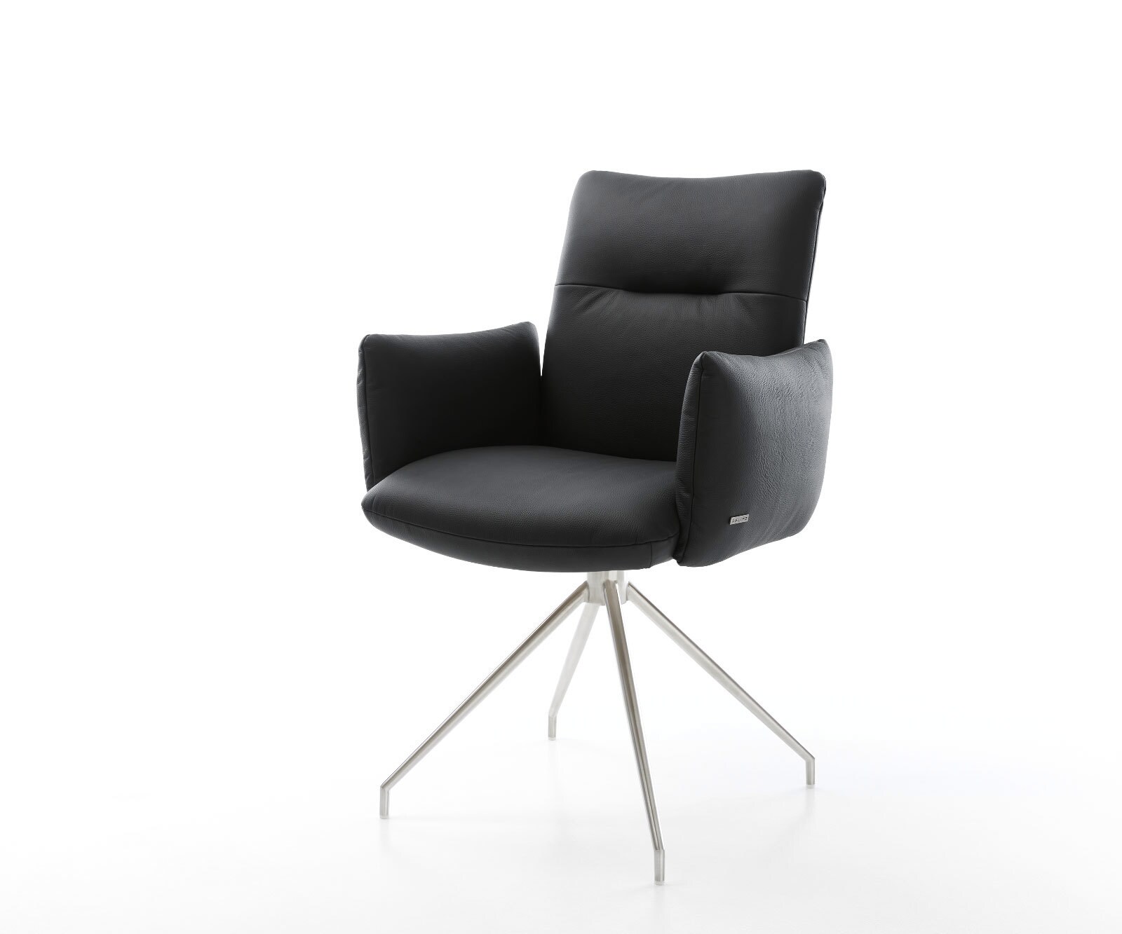 Chaise-pivotante Jova-Flex avec accoudoirs cuir de vache noir pied croisé conique acier inoxydable brossé pivotement sur 180° ressorts ensachés 1