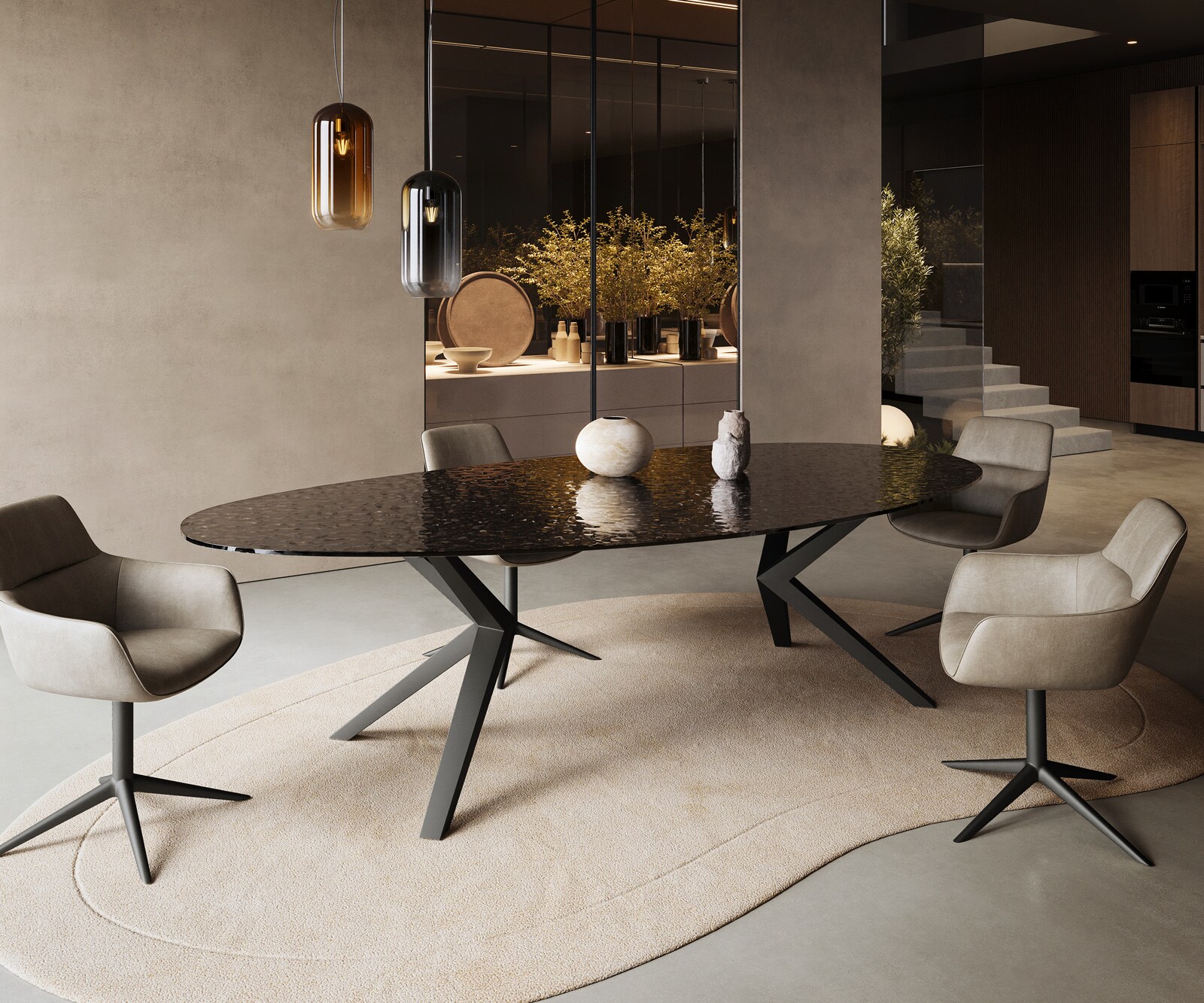 Table à manger Edge Ovale 280x130 Reliefglas RauchNoir 3D-Design Zenthara anguleux Métal Noir 4