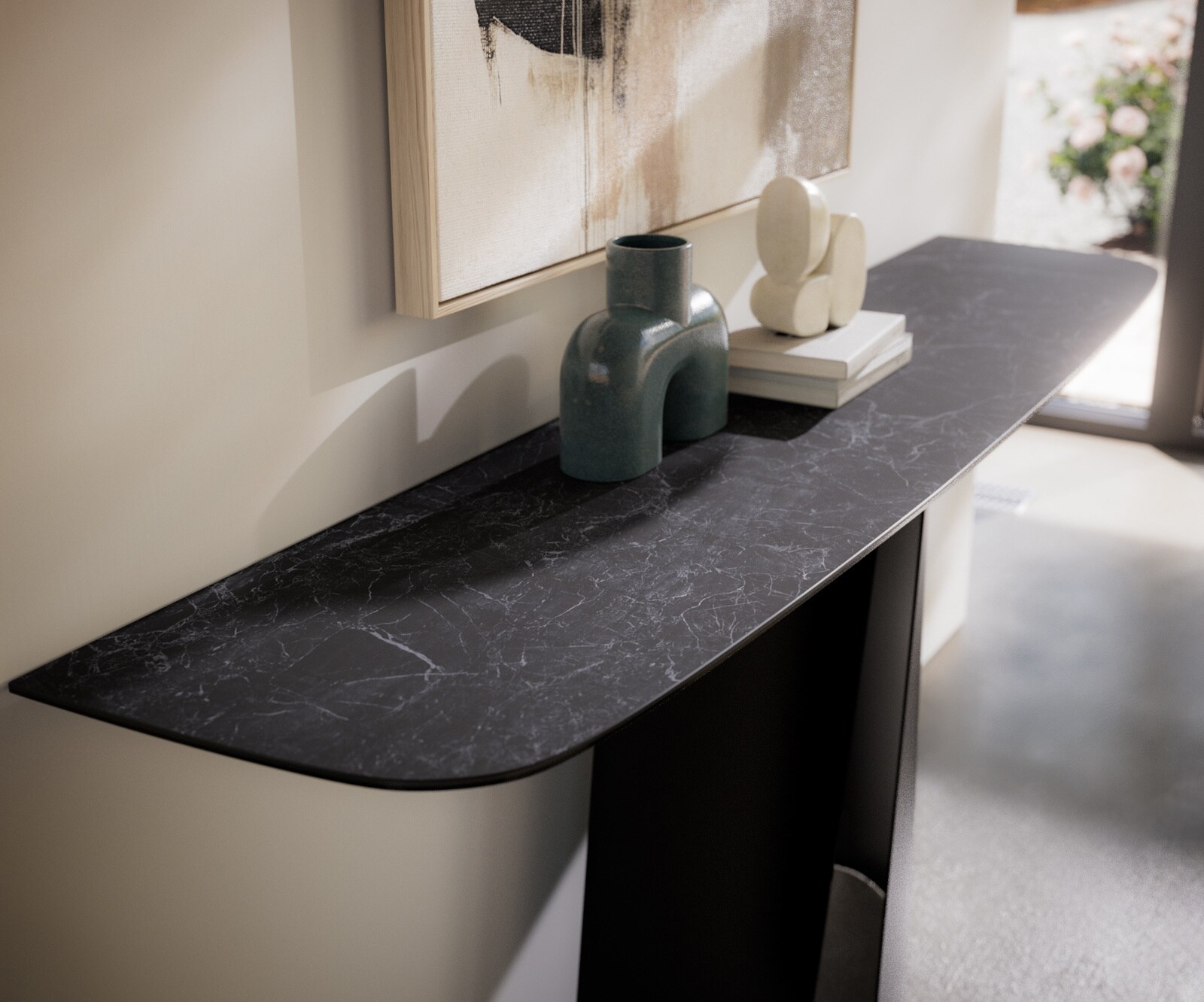 Console Edge forme bateau 180x40 cm Céramique Laminam® Nero Greco Anthrazit Livos Métal Noir 2