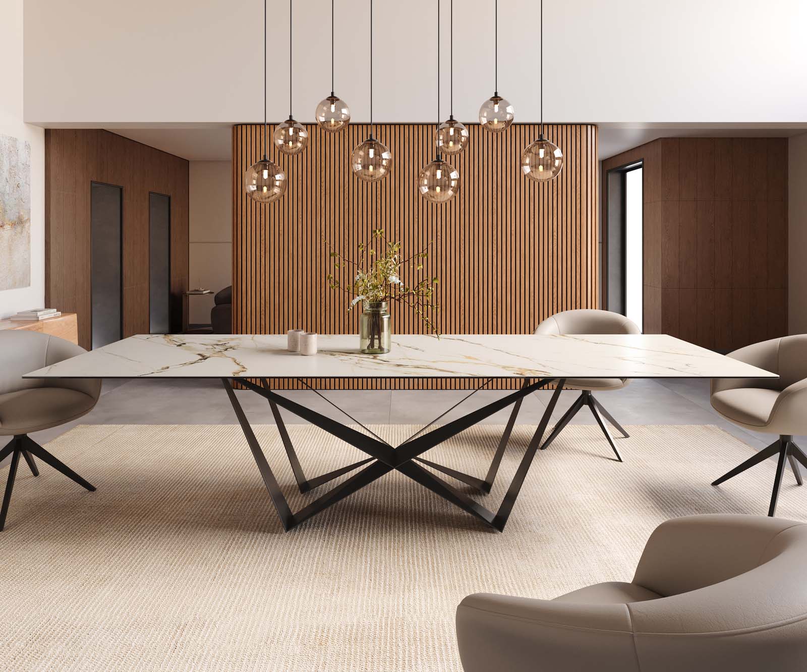 Table à manger Edge 300x100 céramique Calacatta Luxe blanc-doré-gris Spider acier plat noir 2