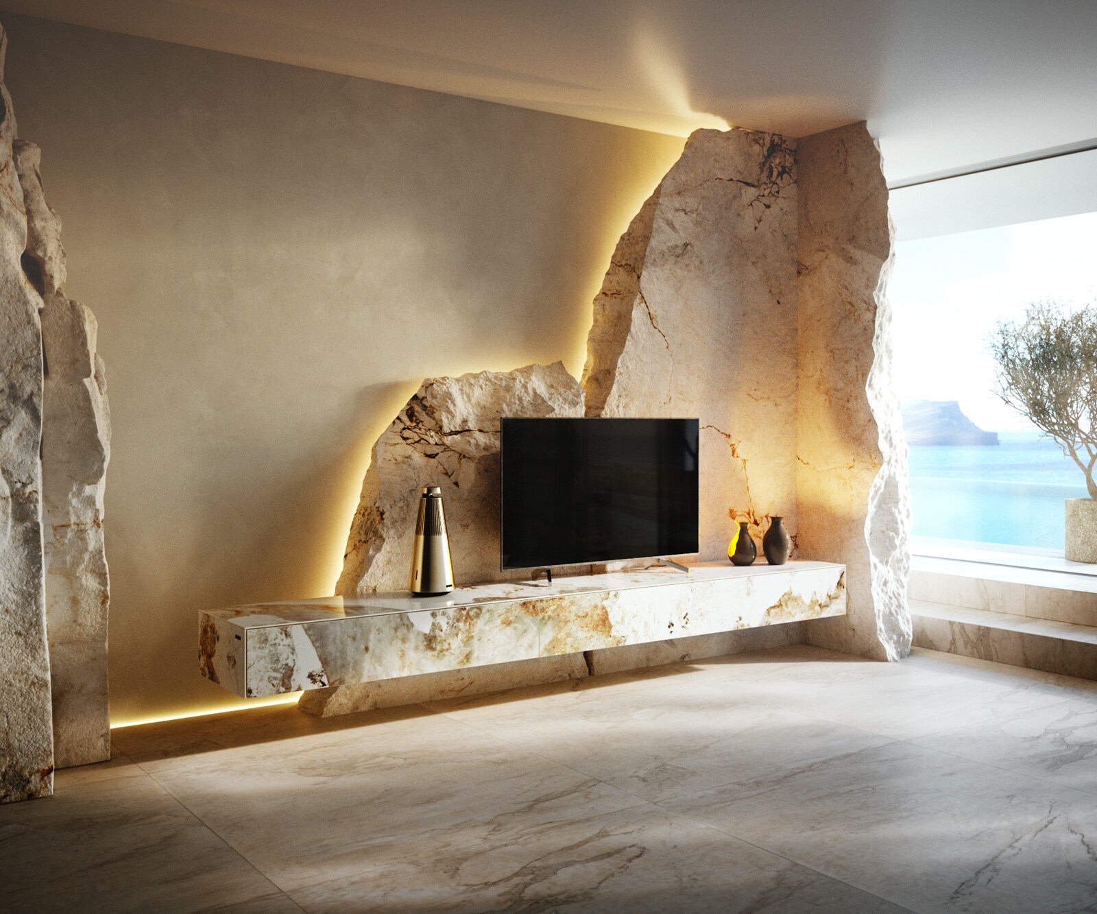 Meuble-TV Cuor 250 cm Céramique Minas Melange Blanc-beige 1 Clapet 1 Tiroir Flottant 2