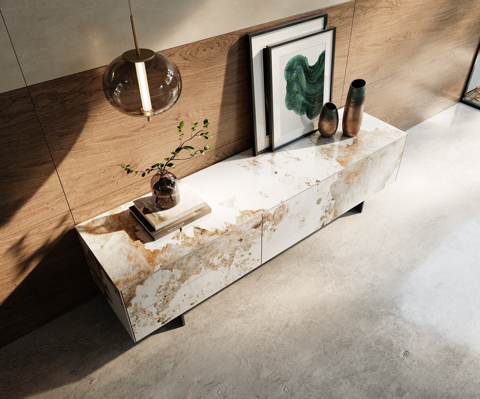 Meuble-TV Cuor 180 cm Céramique Minas Melange Blanc-beige 1 Clapet 2 Tiroirs Pied optique flottant Métal Noir 3