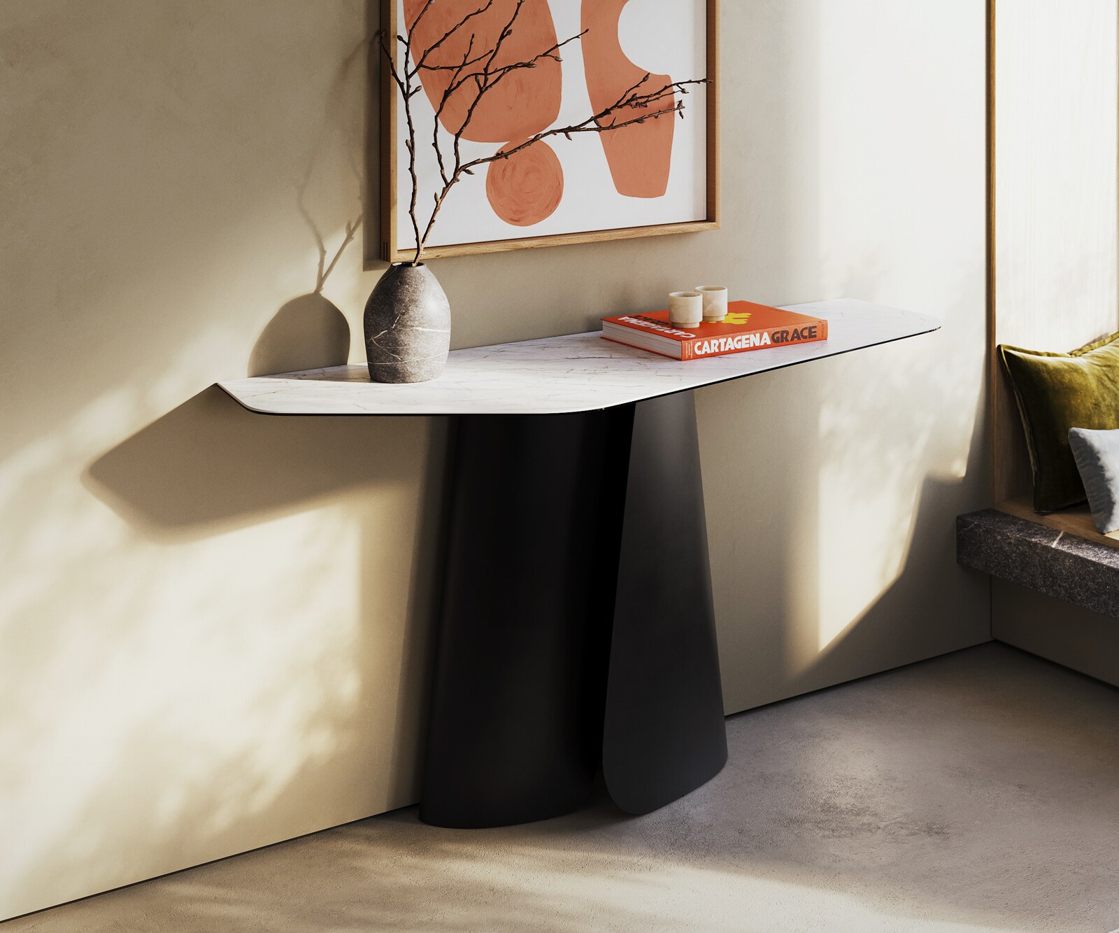 Console Edge Polygonal 140x50 cm Céramique Laminam® Statuarietto Weiß Livos Métal Noir 4