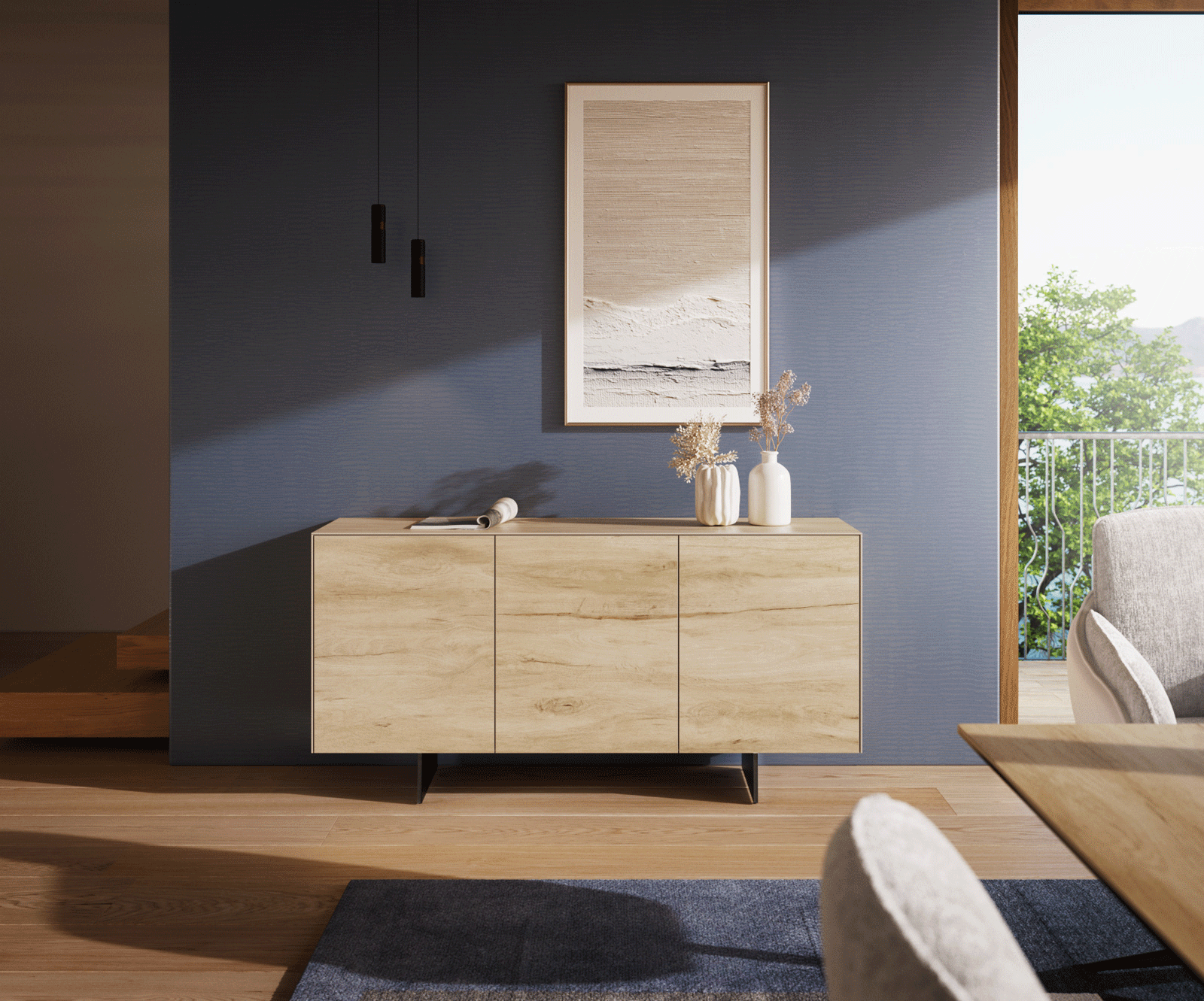 Buffet Cuor 150 cm Céramique Laminam® Sabbia Teinte chêne 3 Portes Pied optique flottant Métal Noir 1