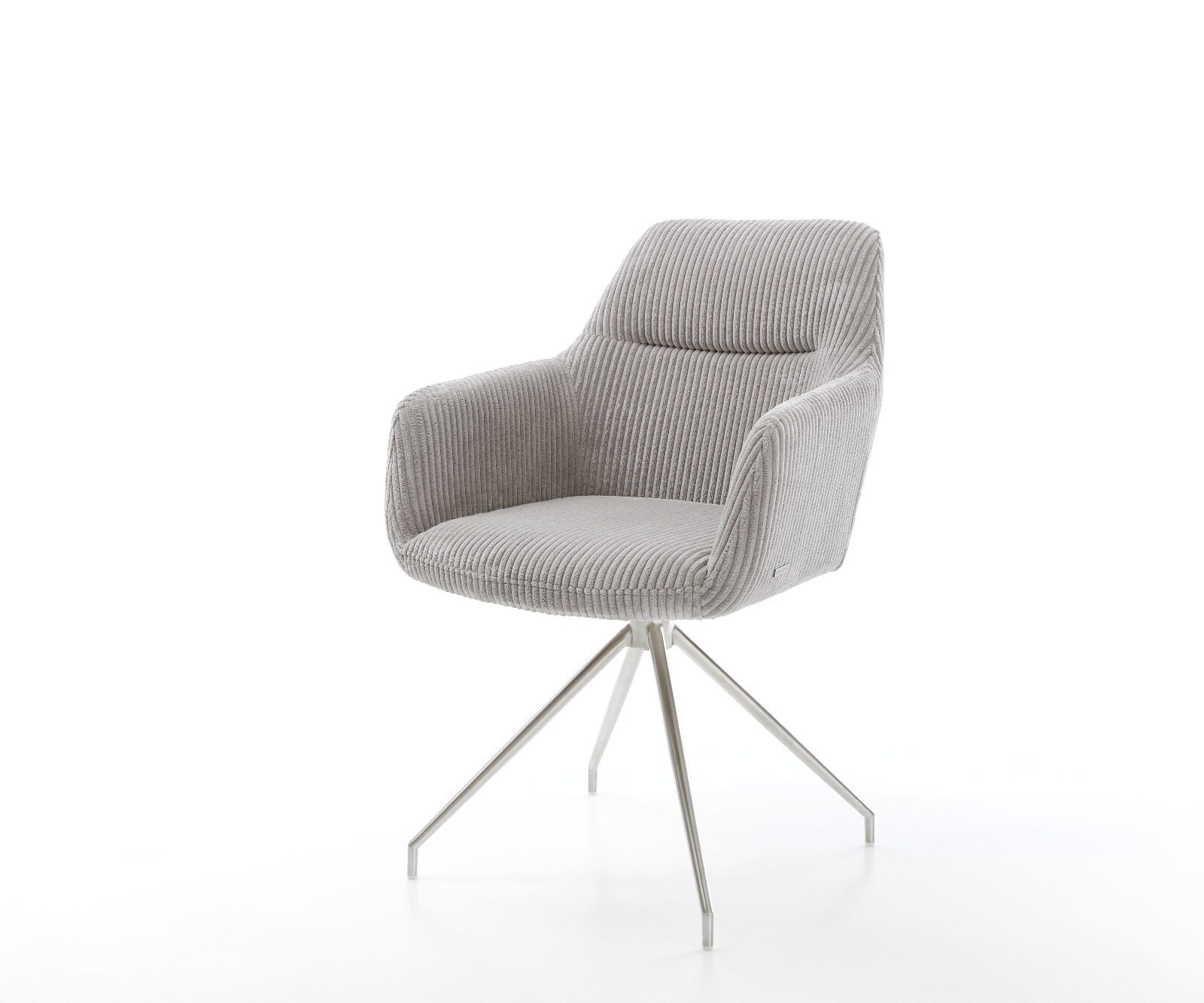 Chaise-de-salle-à-manger Pejo-Flex côtelé gris argenté pied croisé conique acier inoxydable brossé ressorts ensachés