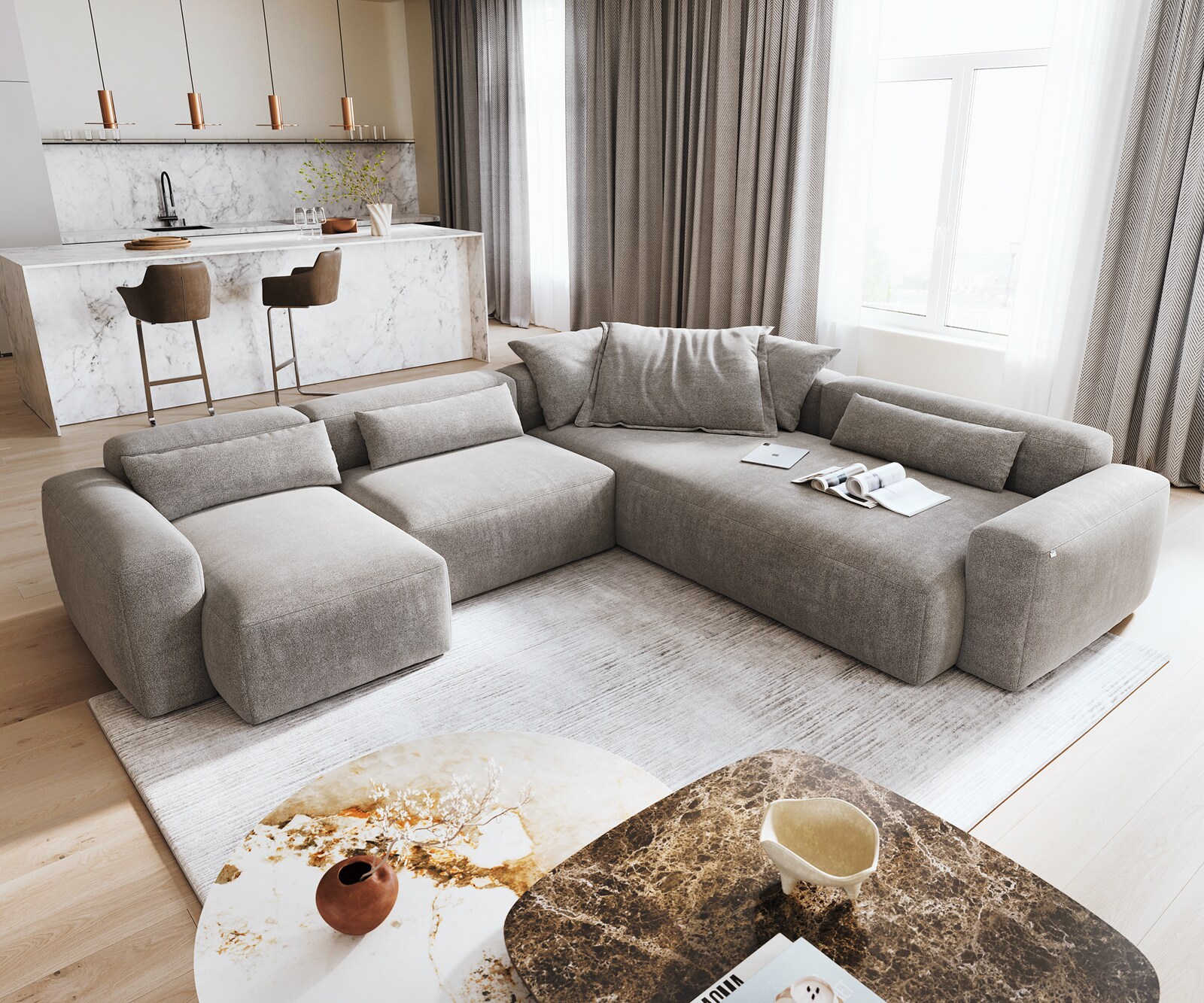 Canapé panoramique Freestyle 360x290 cm Tissu structuré doux Gris couture plate