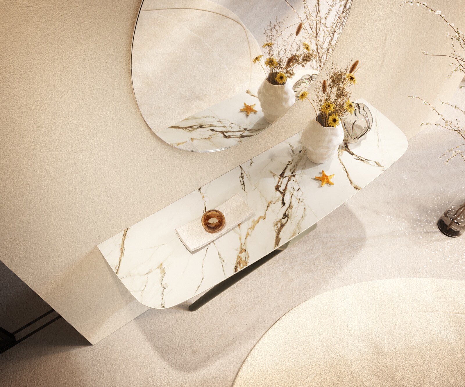 Console Edge forme bateau 140x40 cm Céramique Calacatta Luxe Weiß-Gold-Gris Estelo Métal Effektfinish Titan 2