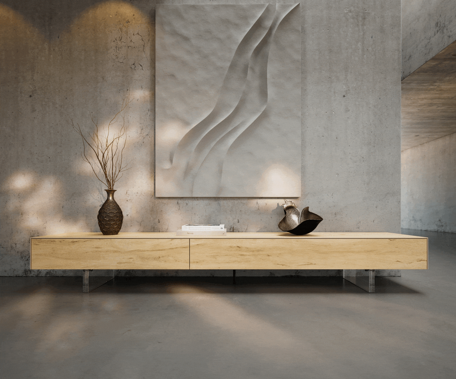 Meuble-TV Cuor 250 cm Céramique Laminam® Sabbia Teinte chêne 1 Clapet 1 Tiroir Pied optique flottant Verre acrylique 1