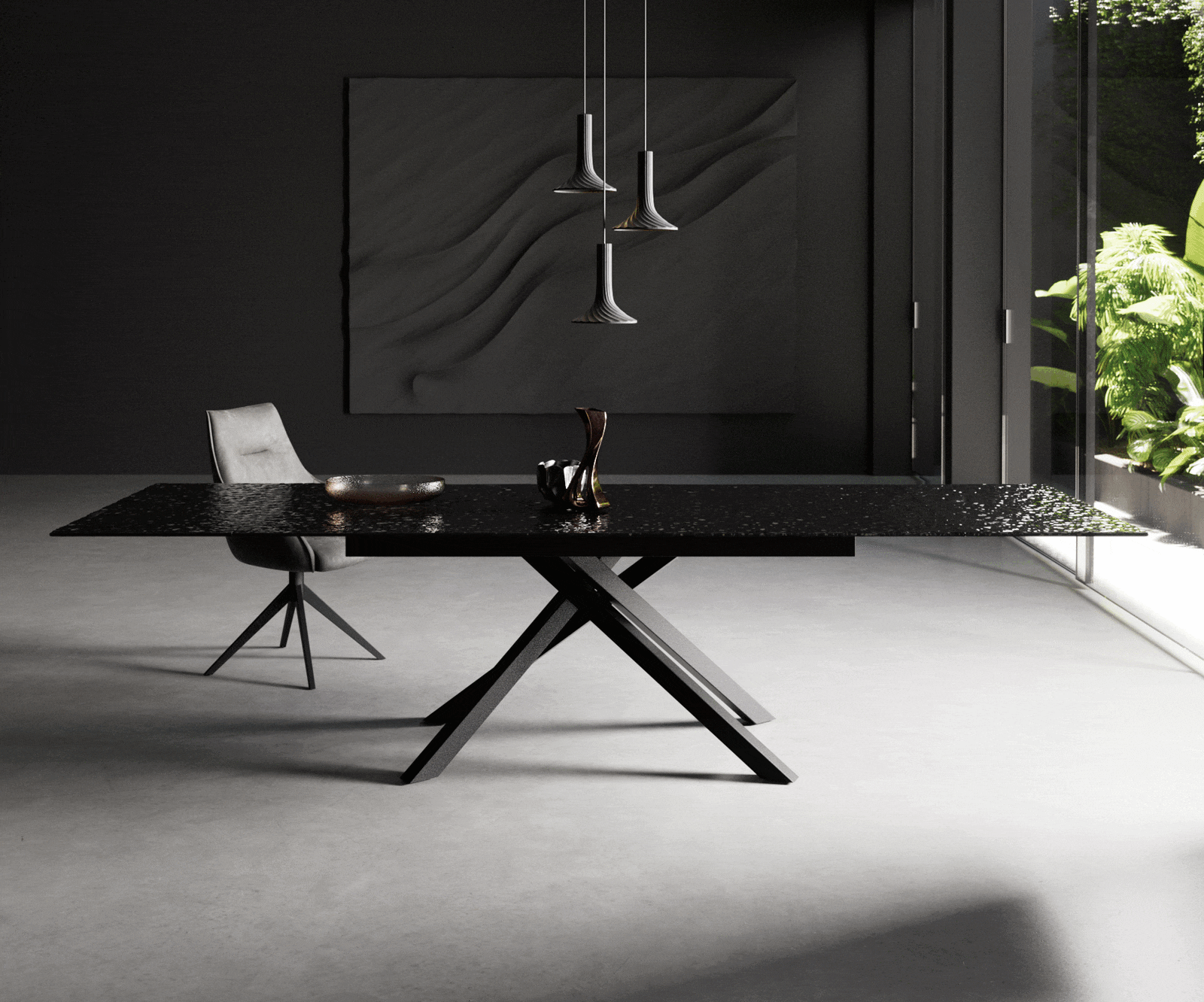 Table à manger Edge 200-300x100 verre fondu noir fumé relief en 3D cadre croisé rectangulaire noir extensible 1 Table à manger Edge 200-300x100 verre fondu noir fumé relief en 3D cadre croisé rectangulaire noir extensible 1