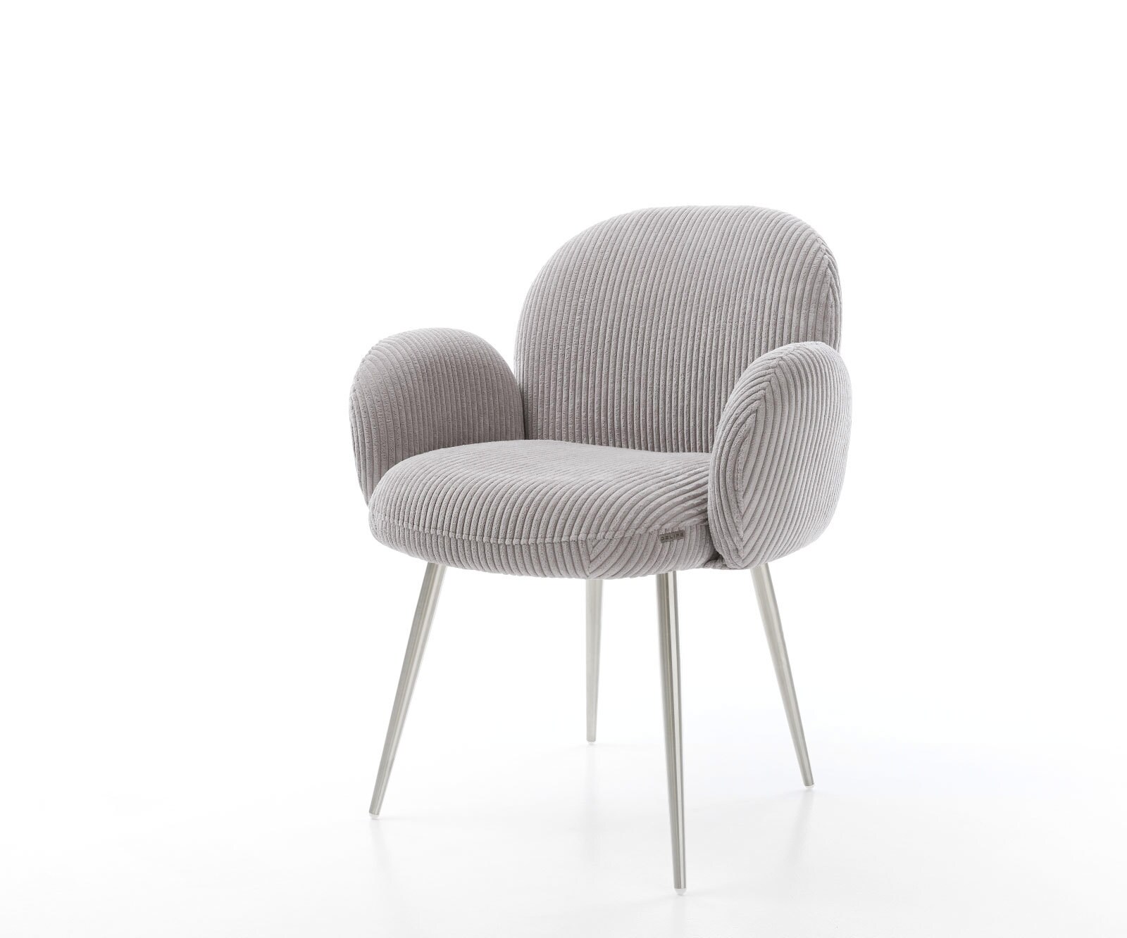 Chaise-de-salle-à-manger Nube-Flex avec accoudoirs côtelé gris argenté 4 pieds coniques acier inoxydable brossé ressorts ensachés