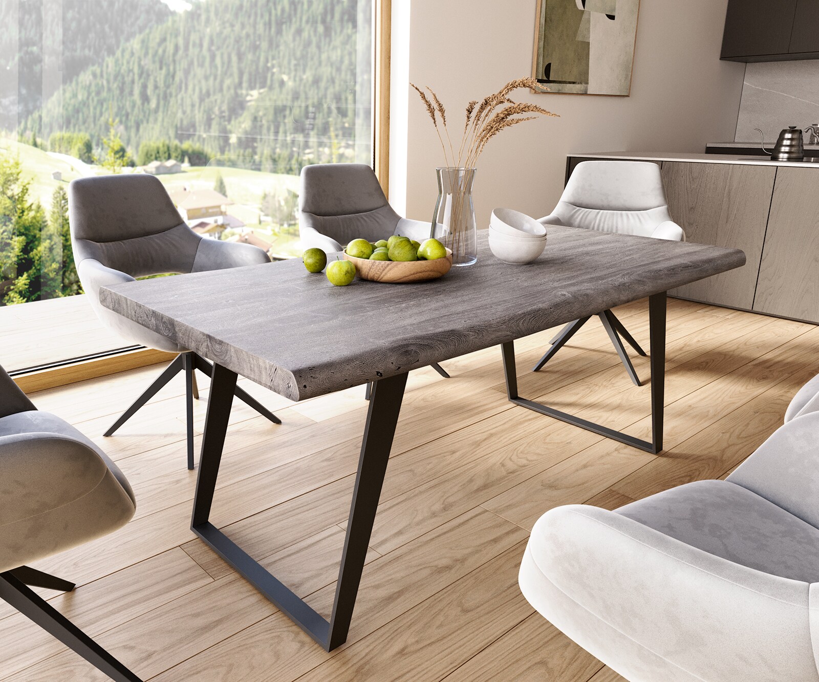 Table à manger Edge 180x90 XL acacia platine métal inclinée noir Live-Edge 1