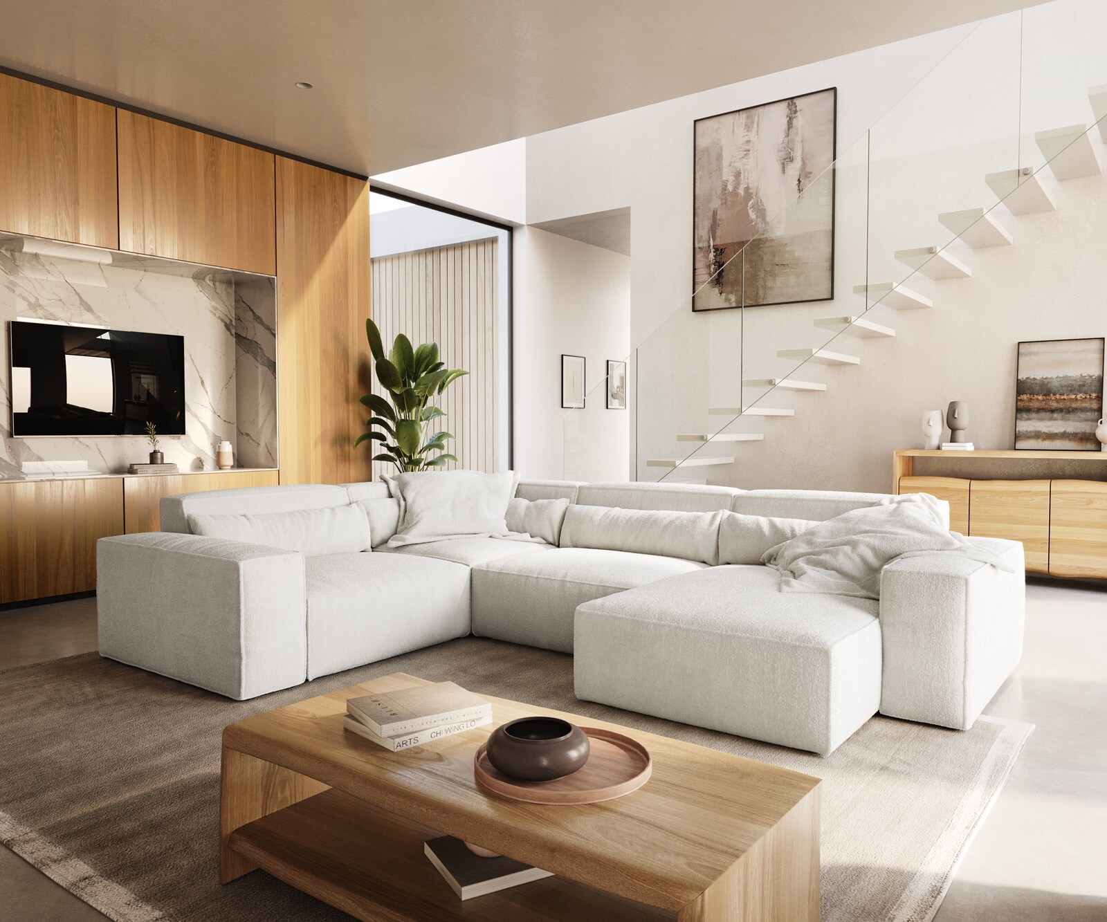 Canapé panoramique Sirpio 300x210 cm Bouclee Crème-blanc Recamiere variable 2