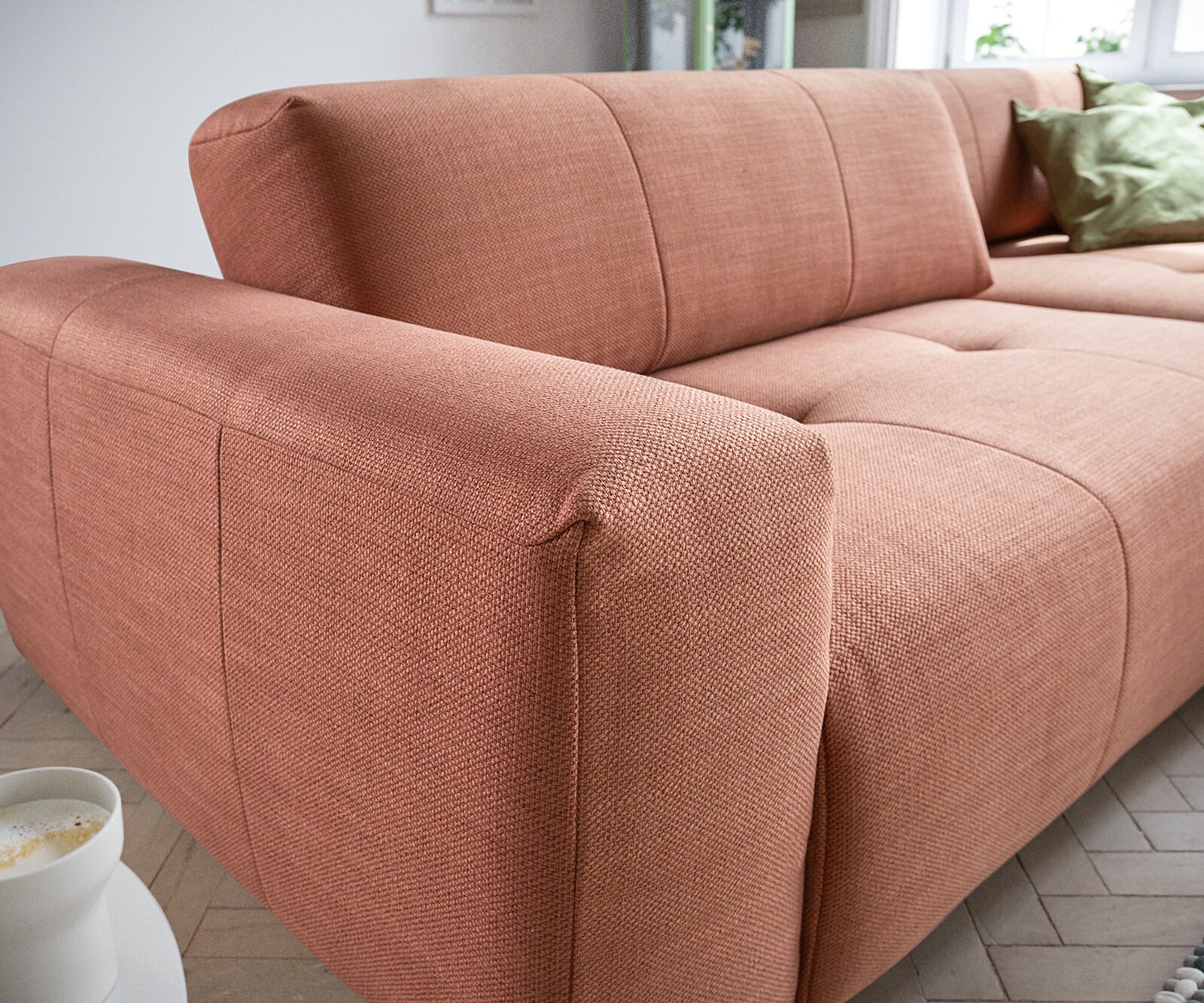 Canapé-d'angle Lazaro 300x160 cm tissu plat orange ottomane à droite avec réglage de la profondeur d'assise 5