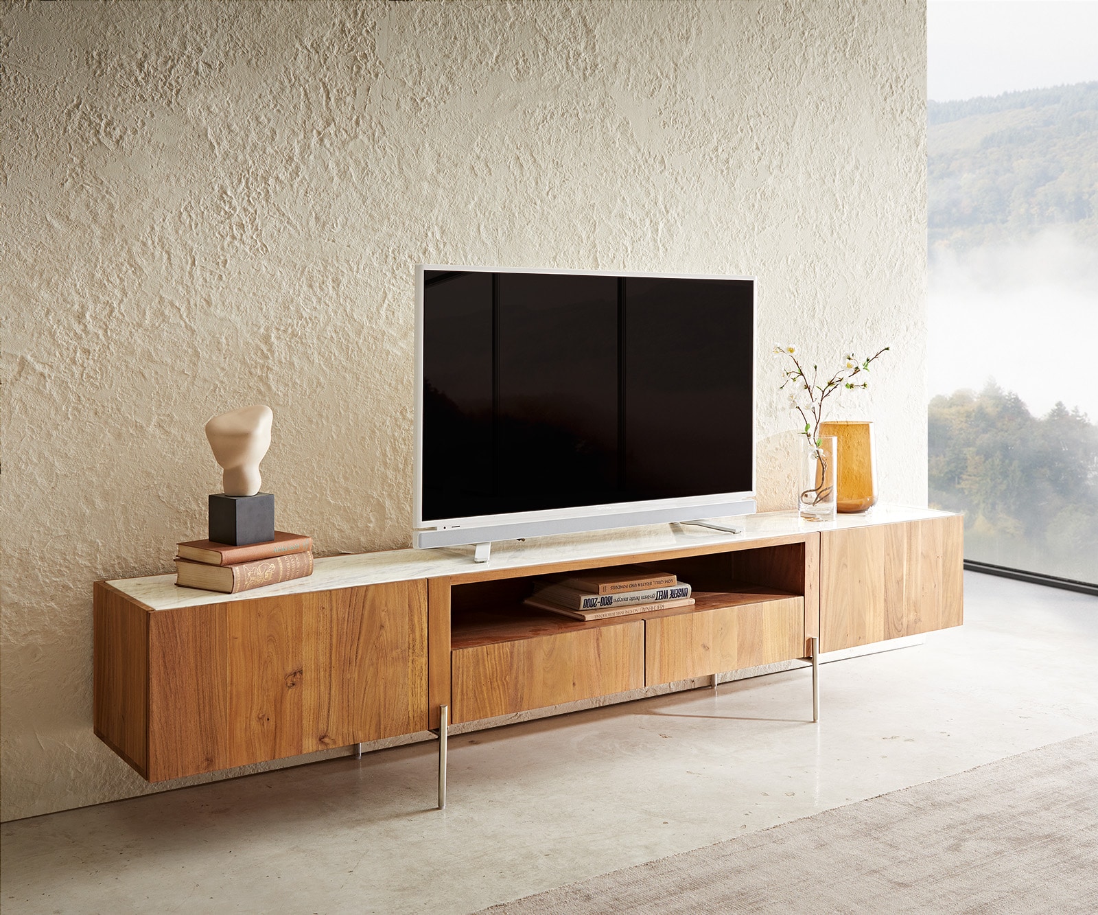 Meuble-TV Secara 220 cm acacia naturel 2 portes 2 tiroirs marbre pieds inoxydable 1