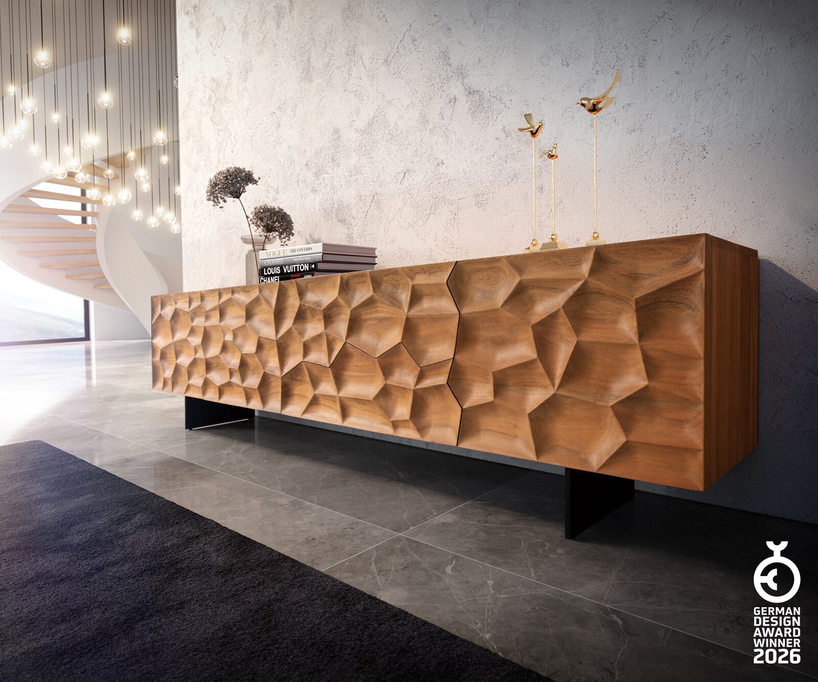 Meuble-TV Solu 220 cm acacia naturel 2 portes 4 tiroirs pied flottant métal noir façade 3D 1