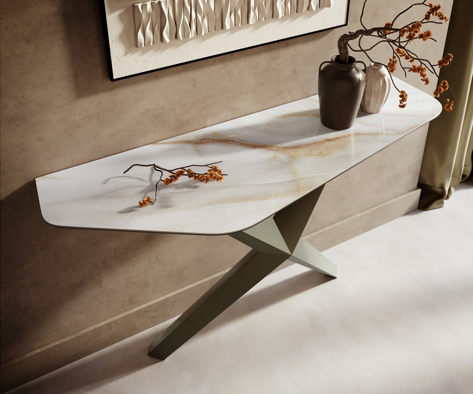 Console Edge Polygonal 140x50 cm Céramique Onyx Pearl Zentharo Métal Effektfinish Titan 2