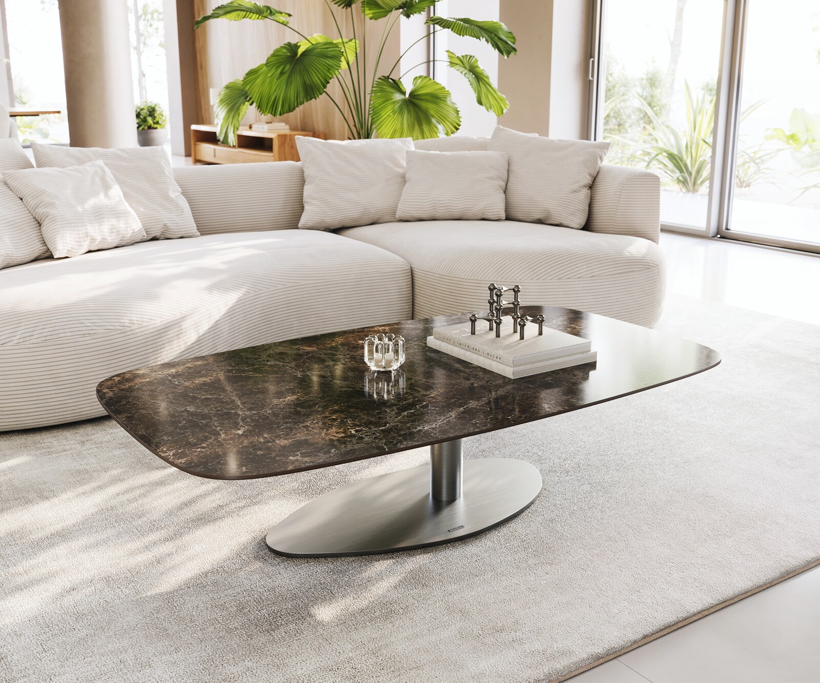 Table basse Edge bateau 140x80 cm céramique Emperador Extra Lucidato brun foncé Vibany acier inoxydable brossé