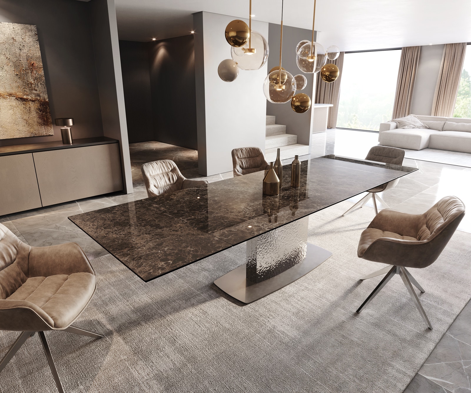 Table de salle à manger Edge Céramique Emperador Extra Lucidato Brun foncé 200-300x100 Wave Acier inoxydable extensible 1