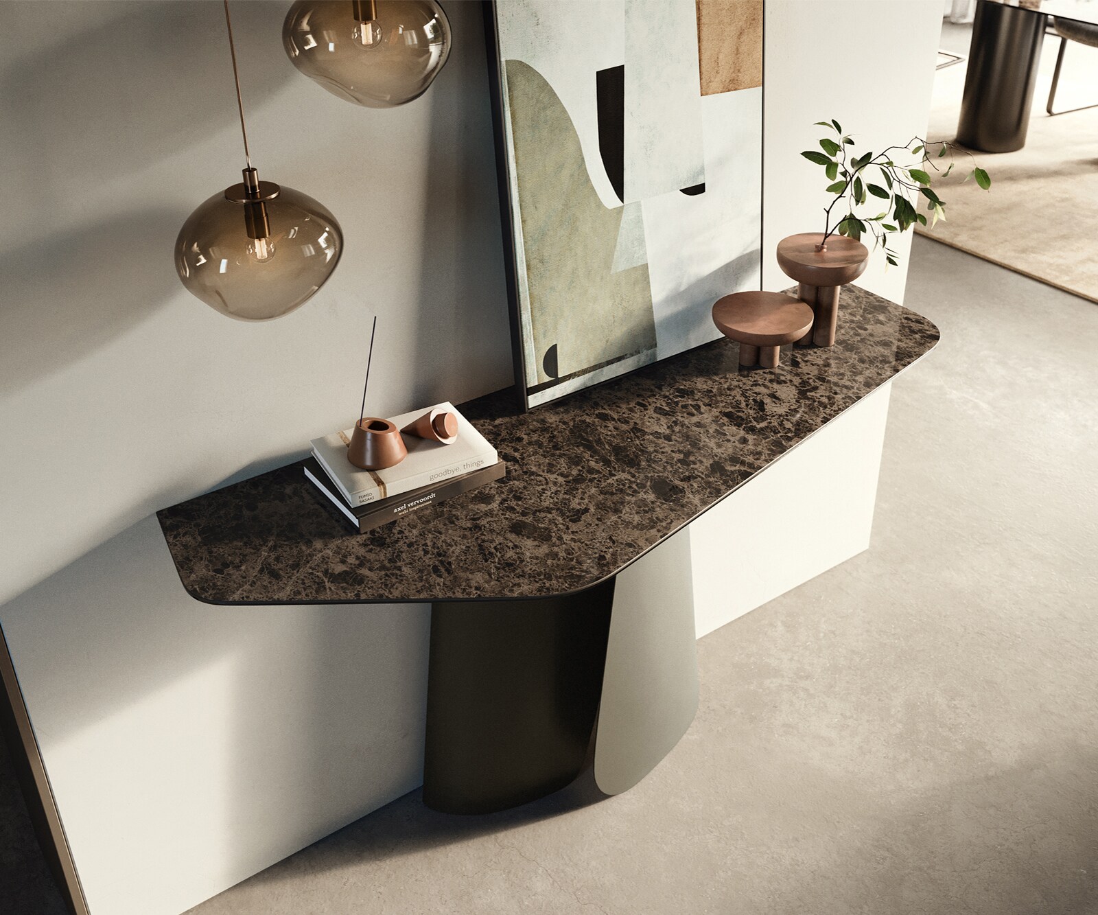 Console Edge Polygonal 140x50 cm Céramique Emperador Extra Lucidato Dunkelbraun Livos Métal Effektfinish Titan 1