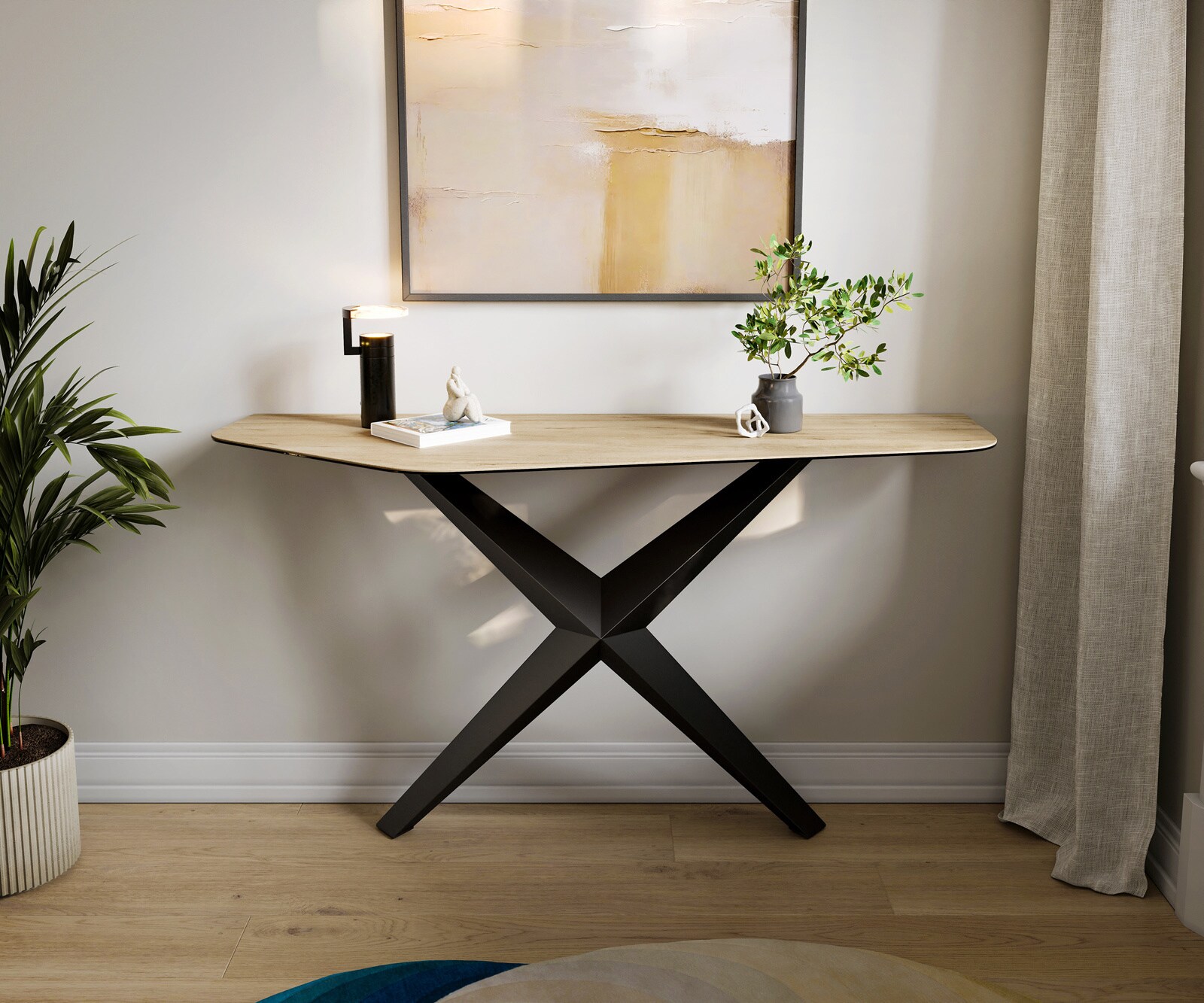 Console Edge Polygonal 140x50 cm Céramique Laminam® Sabbia Eichefarbig Zentharo Métal Noir 1