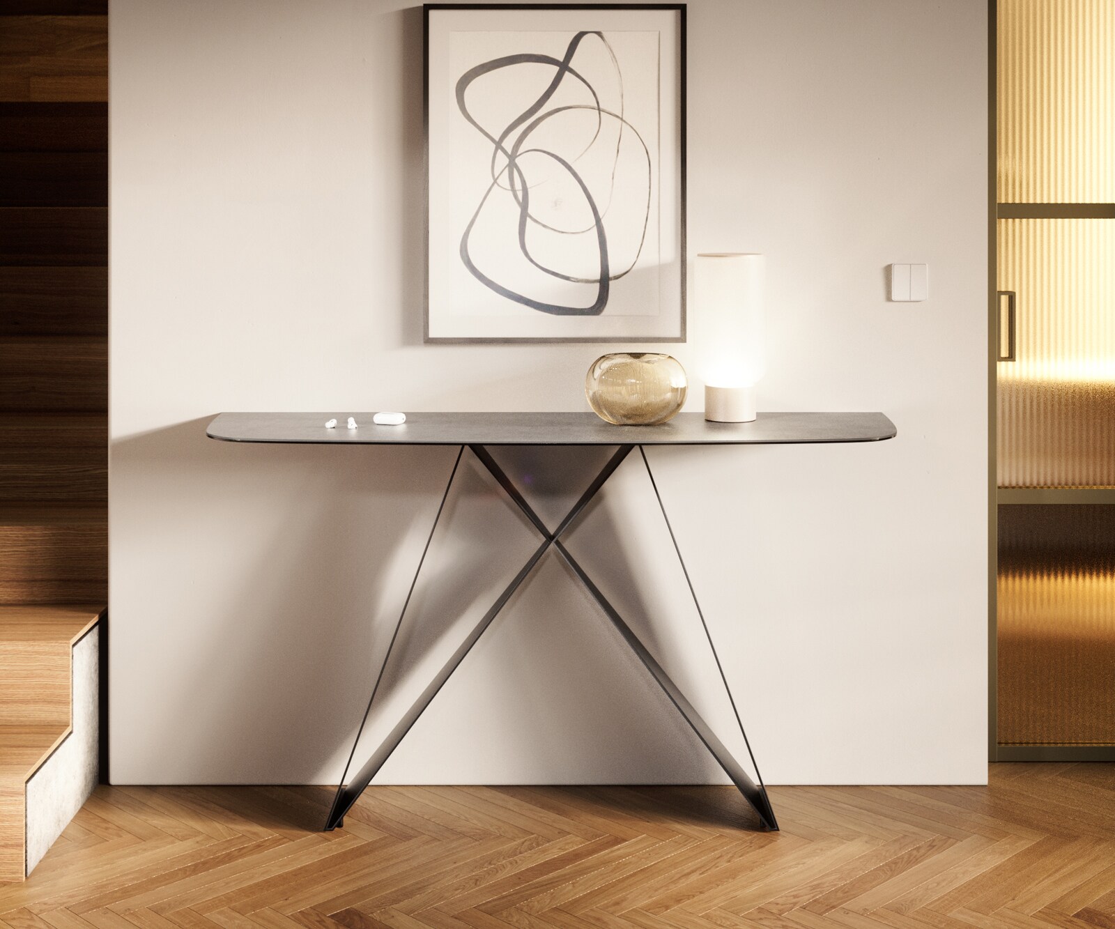 Console Edge forme bateau 140x40 cm Céramique Gris béton Velio Métal Noir 1