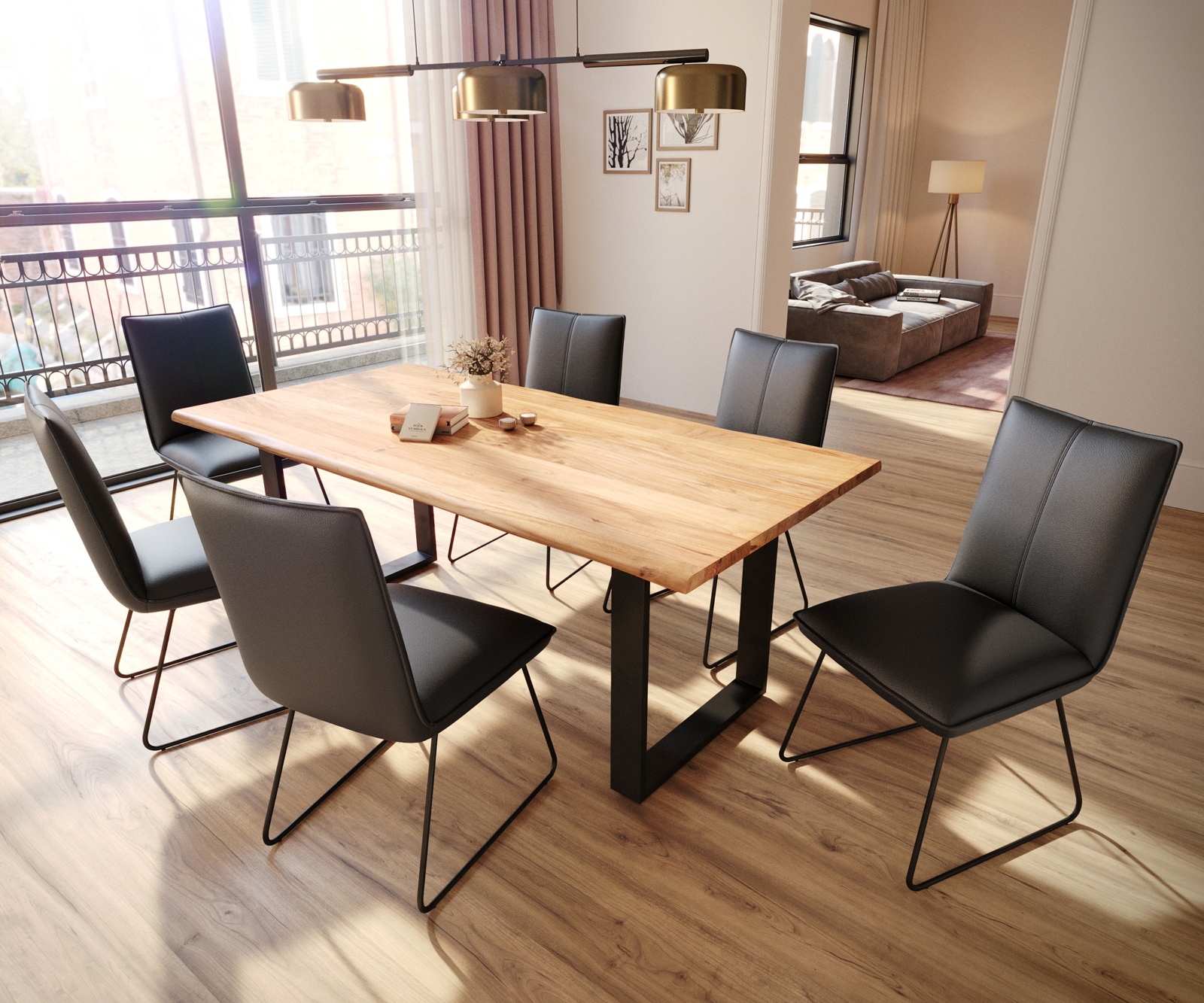 Chaise-de-salle-à-manger Lelio-Flex cuir de vache noir pied trapèze noir ressorts ensachés 4