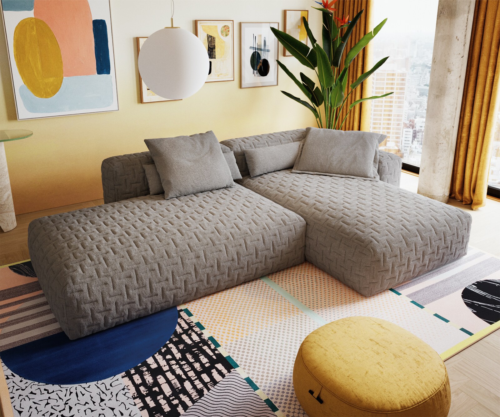 Canapé d'angle Freestyle 310x200 cm Tissu structuré doux Gris matelassé 4