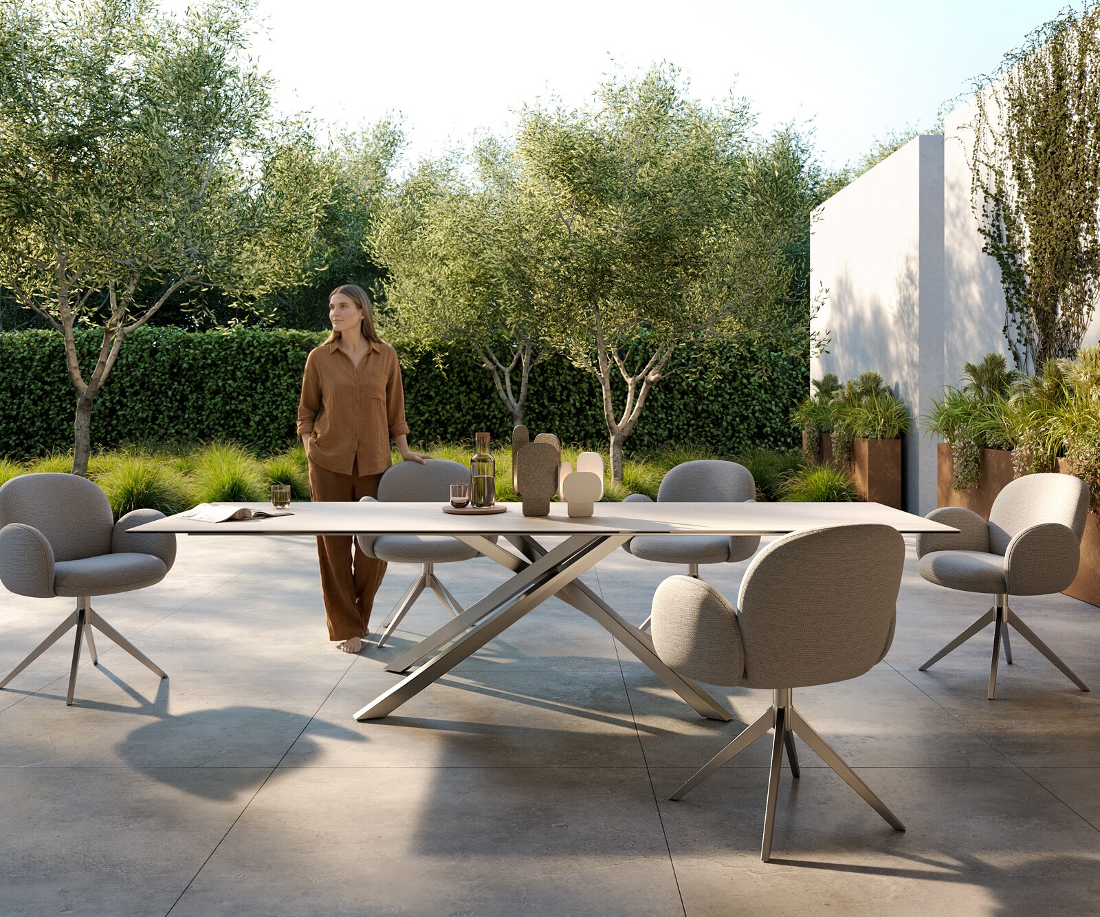 Table d’extérieur Edge 300x100 cm céramique Laminam® Travertino Bianco blanc crème piètement croisé rectangulaire en acier inoxydable 1