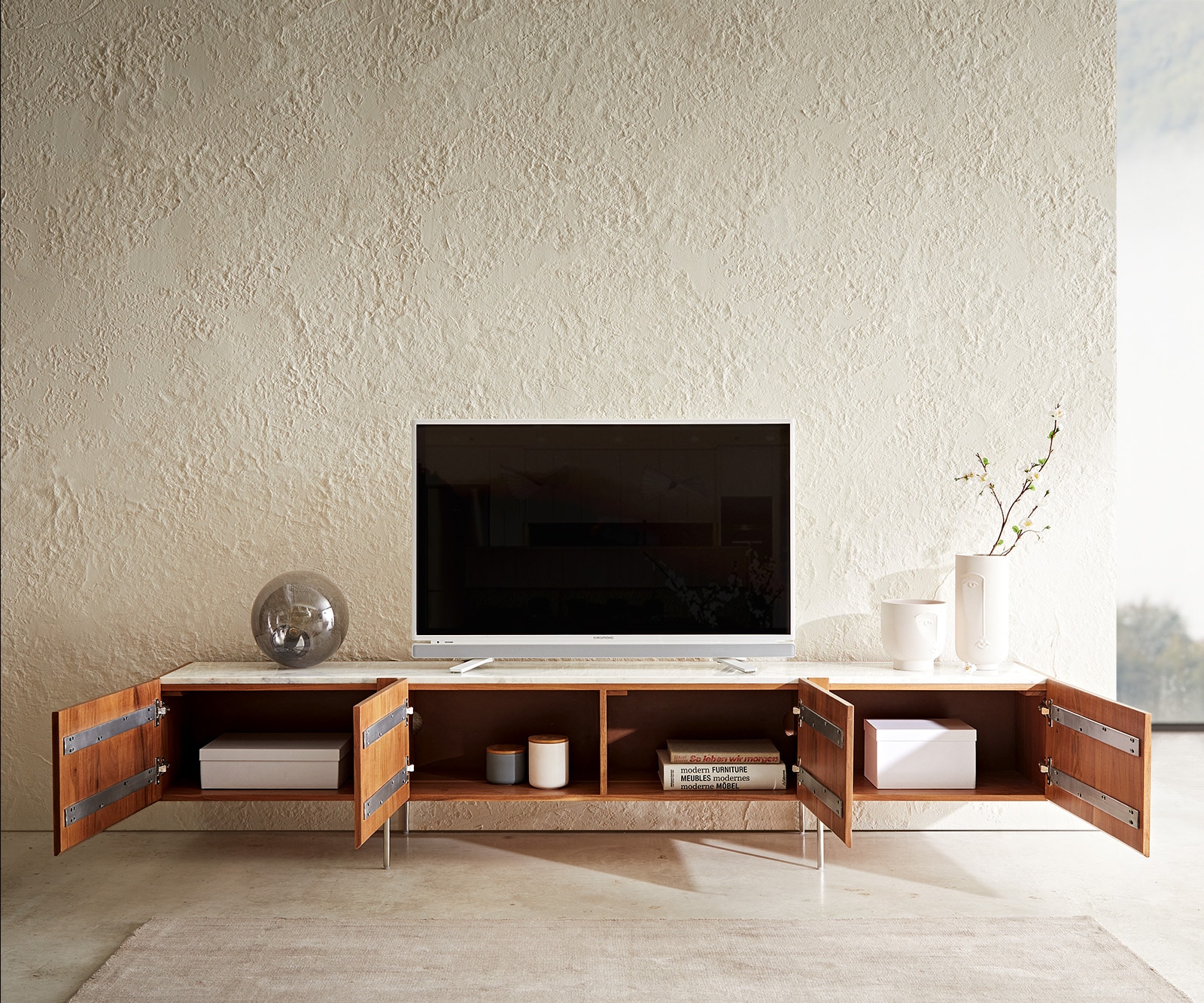 Meuble-TV Secara 220 cm acacia naturel 4 portes marbre pieds inoxydable 4 Meuble-TV Secara 220 cm acacia naturel 4 portes marbre pieds inoxydable 4