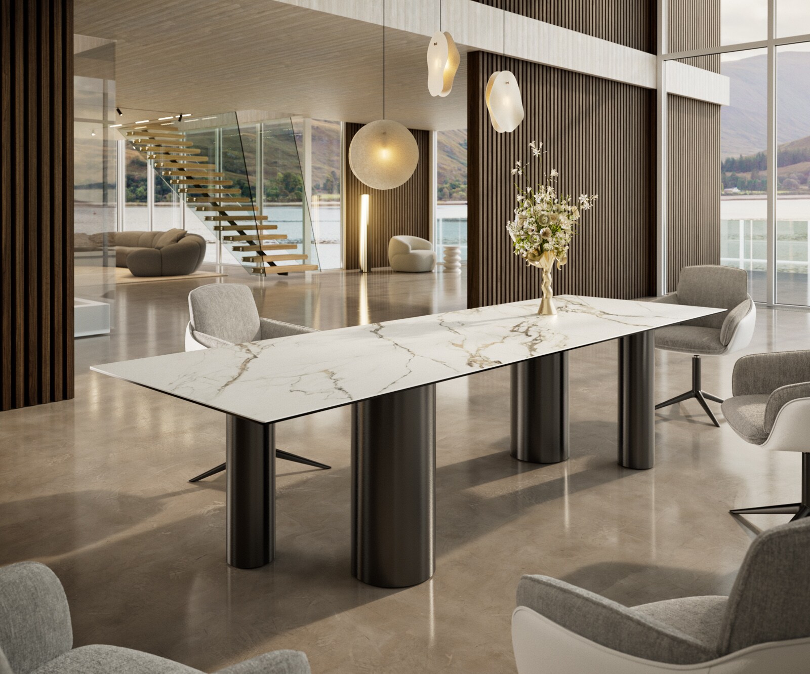 Table à manger Edge 300x100 Céramique Calacatta Luxe Blanc-Doré-Gris Pilier Acier inoxydable Graphite 1