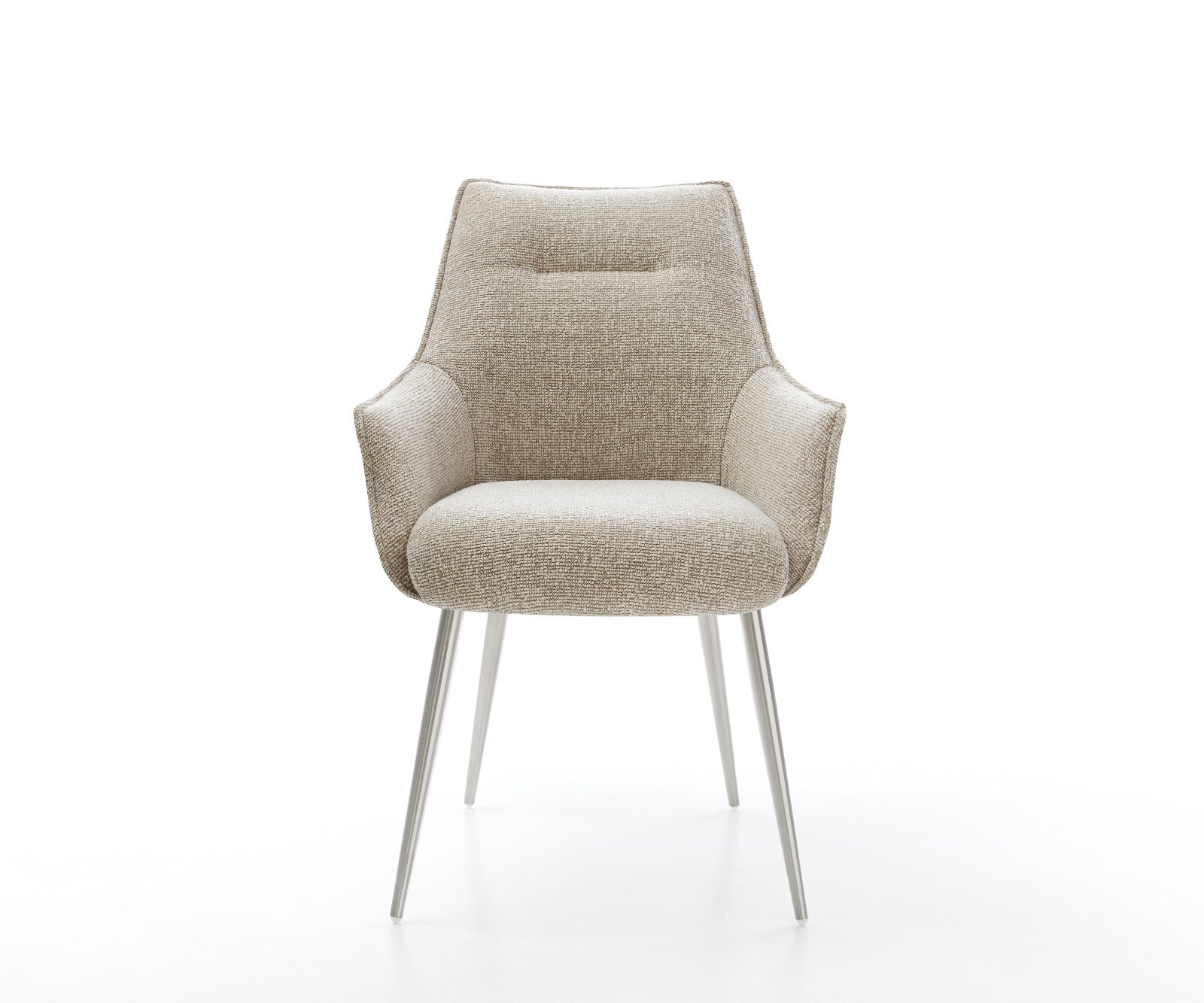 Chaise-de-salle-à-manger Alja-Flex avec accoudoirs tissu tissé doux beige 4 pieds coniques acier inoxydable resorts ensachés 1