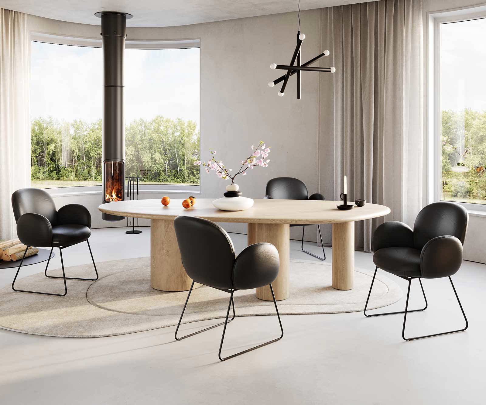 Chaise-de-salle-à-manger Nube-Flex avec accoudoirs cuir de vache noir pied trapèze noir ressorts ensachés 5