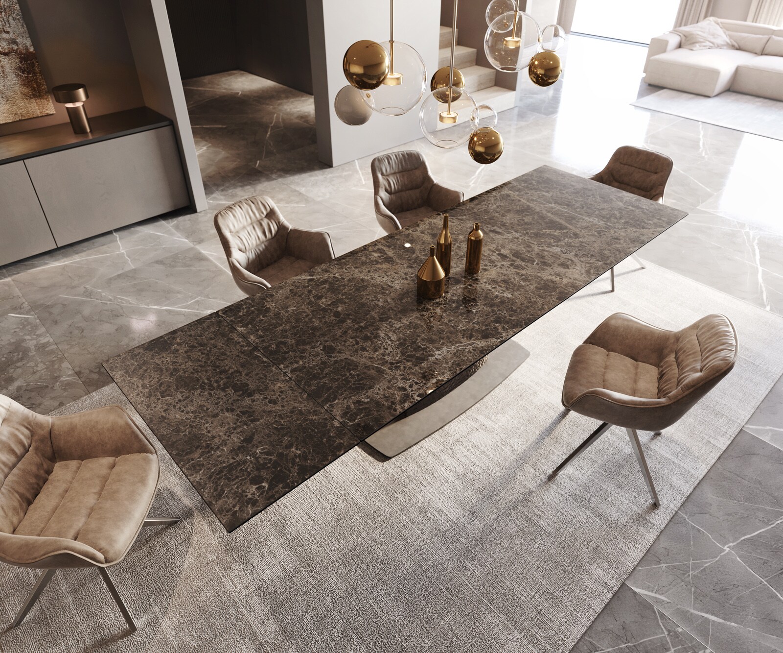 Table de salle à manger Edge Céramique Emperador Extra Lucidato Brun foncé 200-300x100 Wave Acier inoxydable extensible 4