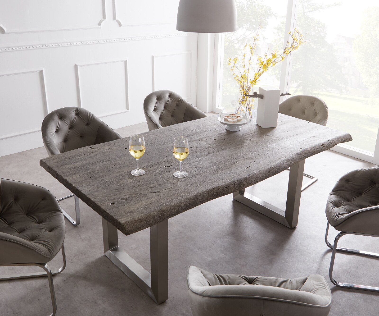 Table-à-manger Edge 200x100 XL acacia platine acier inoxydable large Live-Edge 1 Table-à-manger Edge 200x100 XL acacia platine acier inoxydable large Live-Edge 1