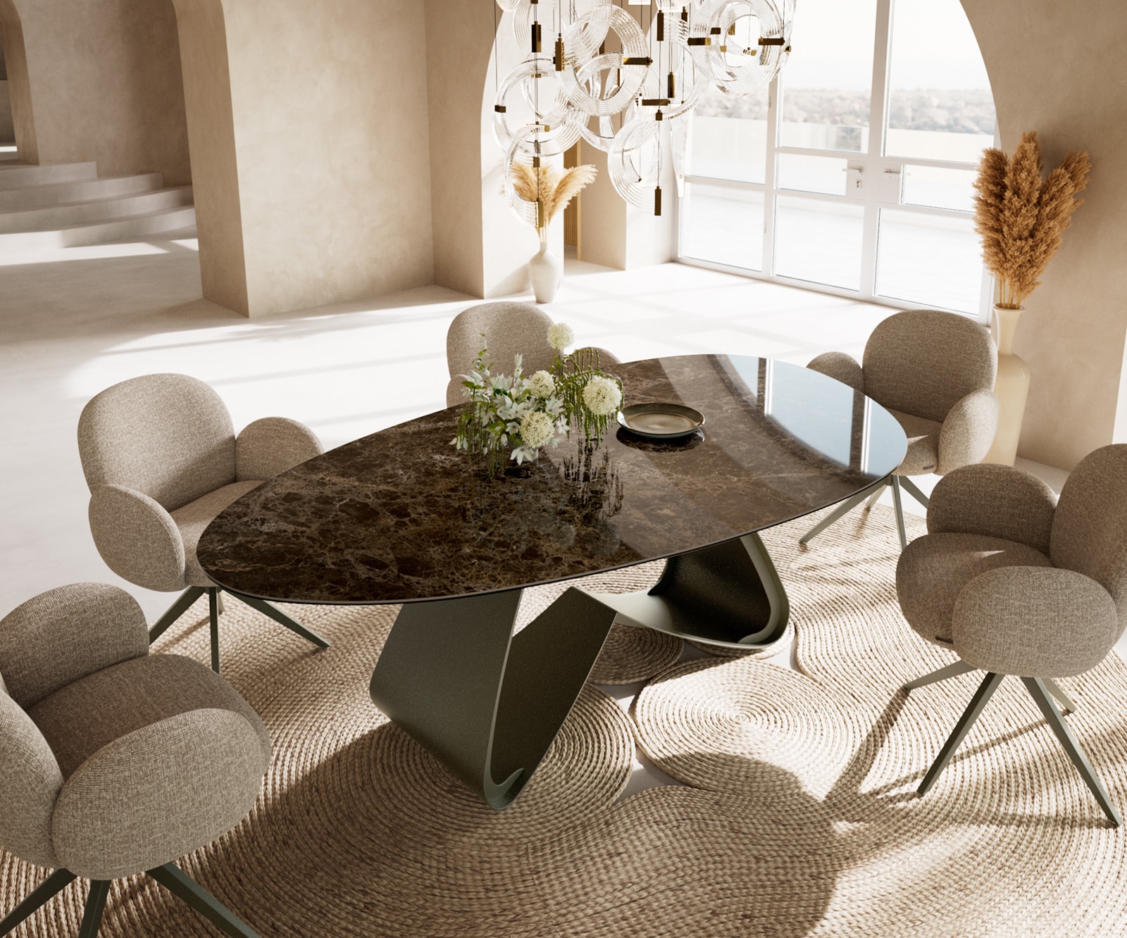 Table de salle à manger Edge Ovale Céramique Emperador Extra Lucidato Brun foncé 220x120 Piètement en W Métal finition effet Titane 1
