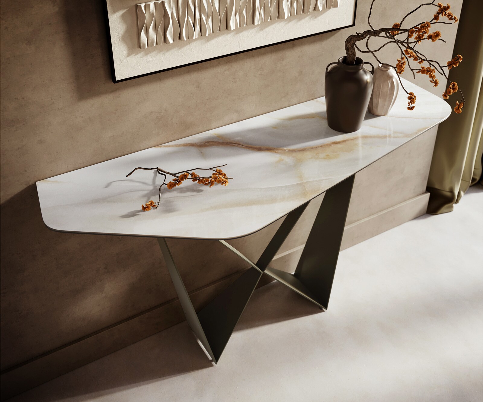 Console Edge Polygonal 140x50 cm Céramique Onyx Pearl Spios Métal Effektfinish Titan 2