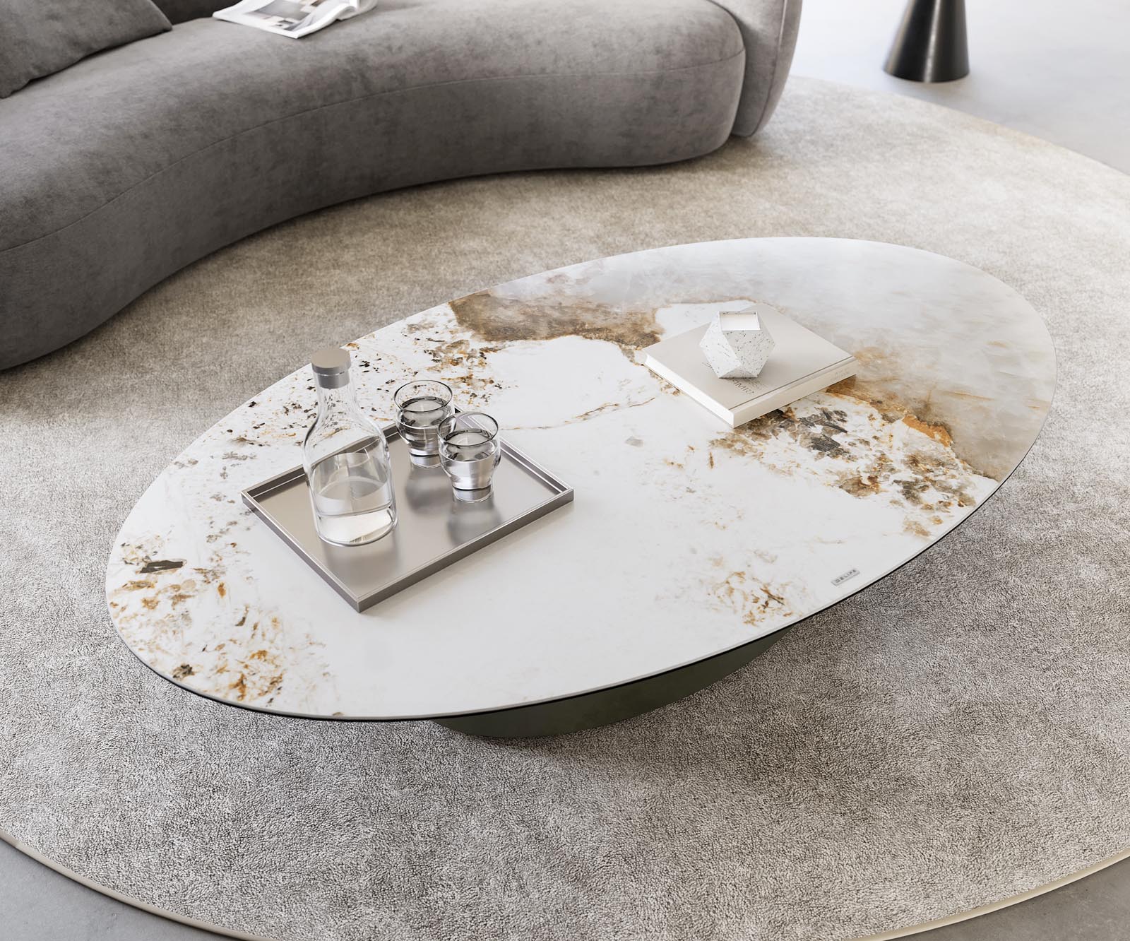Table-basse Casilda 150x90 cm céramique Minas Melange blanc-beige pied central Finition à effet titane 4