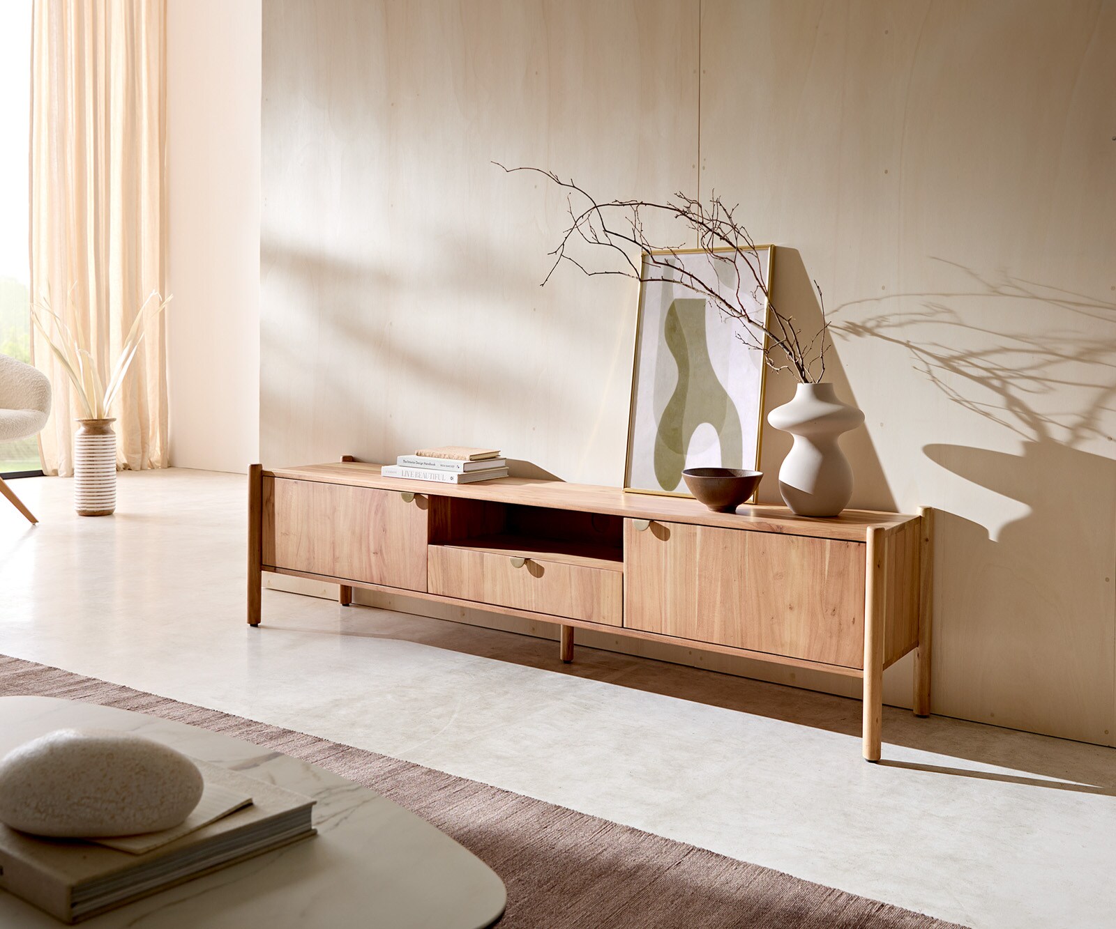Meuble-TV Caius 175 cm acacia Aura 2 portes 1 tiroir 1 compartiment