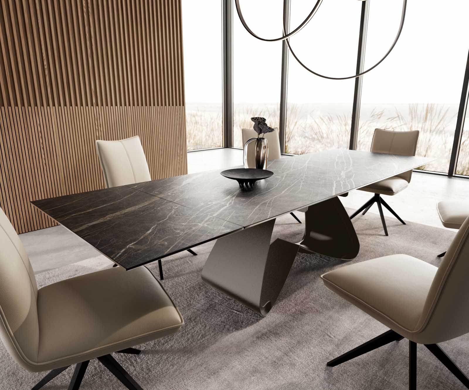 Table à manger Edge 200-300x100 Céramique Laminam®Noir Desir Marron cadre en W Finition Effet Titane Extensible Table à manger Edge 200-300x100 Céramique Laminam®Noir Desir Marron cadre en W Finition Effet Titane Extensible