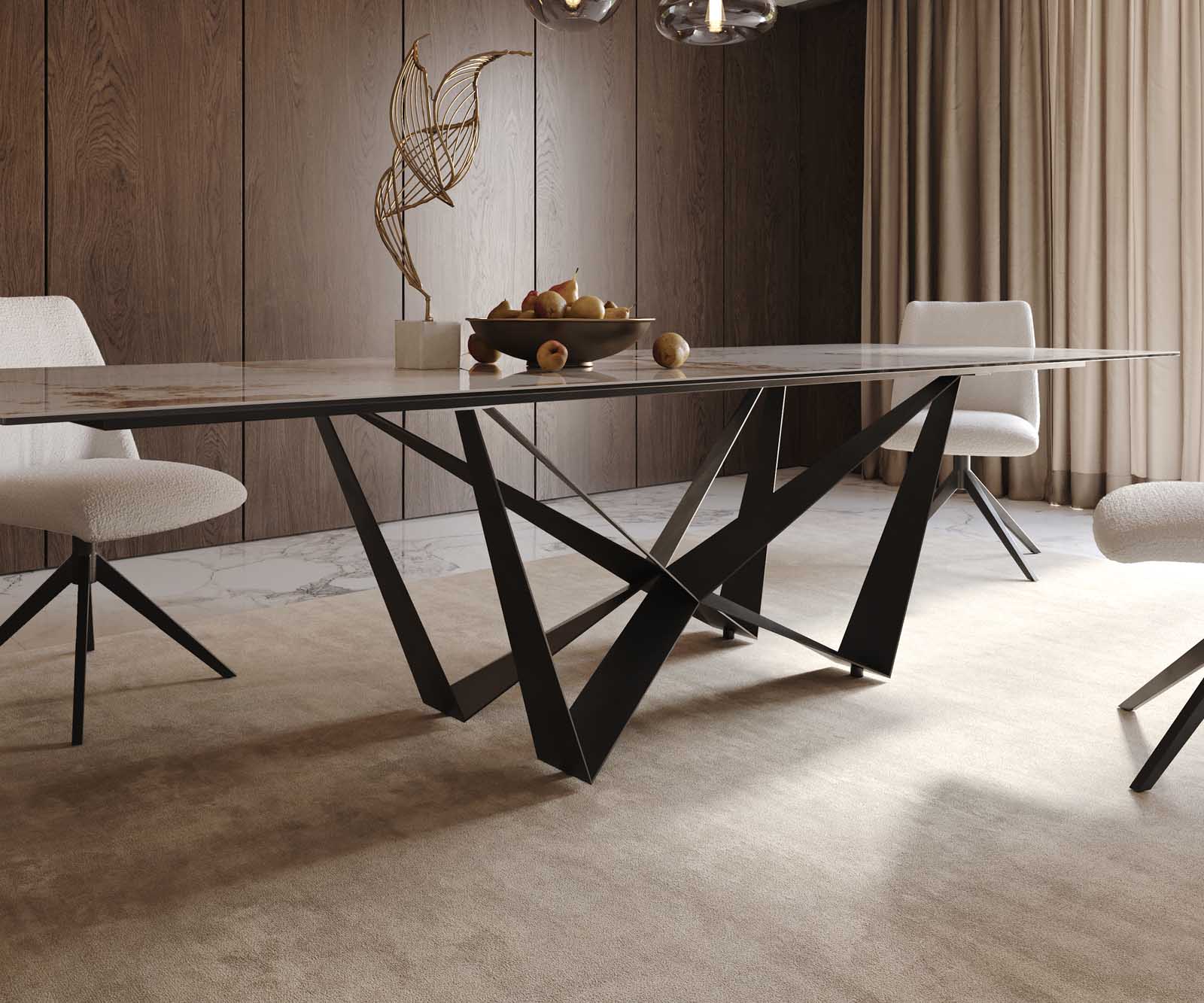 Table à manger Edge 300x100 céramique Minas mélange blanc-beige Spider acier plat noir 7