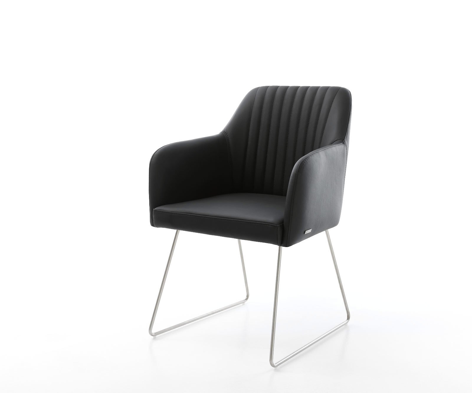 Chaise-de-salle-à-manger Greg-Flex cuir de vache noir pied trapèze acier inoxydable brossé ressorts ensachés