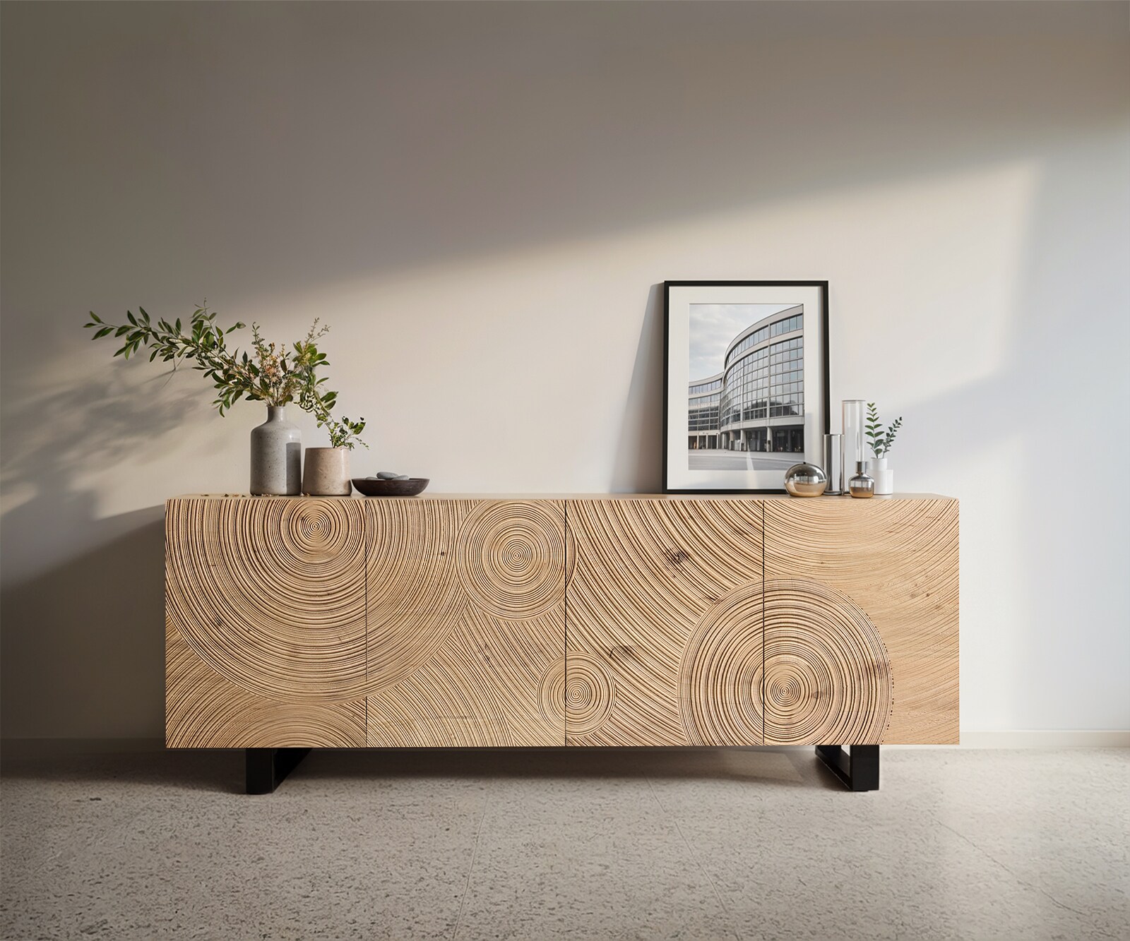 Buffet Ashara 200 cm chêne naturel effet 3D 4 portes piètement traîneau métal noir
