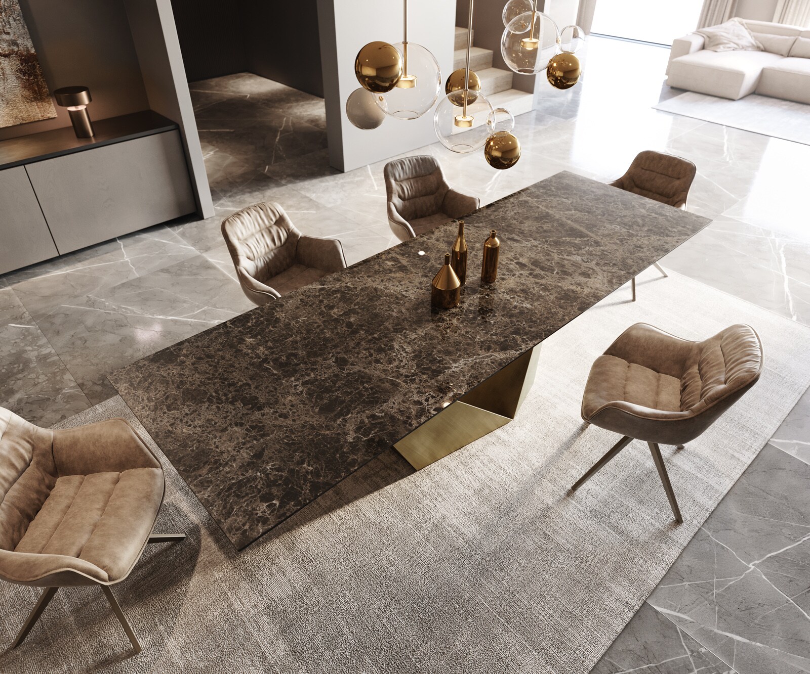 Table à manger Edge 300x100 céramique Laminam® Emperador Extra Lucidato marron foncé Prisma métallique doré 4