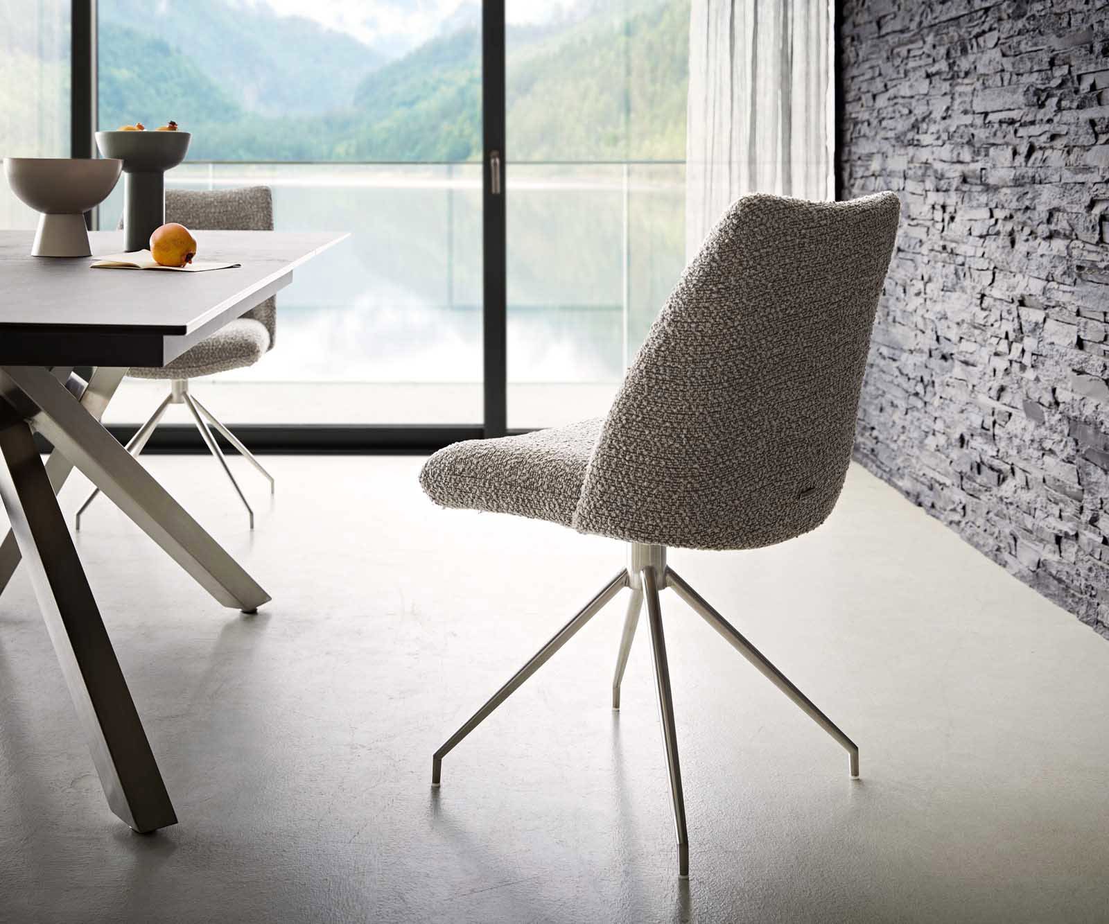 Chaise-pivotante Elso-Flex bouclé gris argenté pied croisé conique acier inoxydable brossé pivotement sur 180° ressorts ensachés 4 Chaise-pivotante Elso-Flex bouclé gris argenté pied croisé conique acier inoxydable brossé pivotement sur 180° ressorts ensachés 4