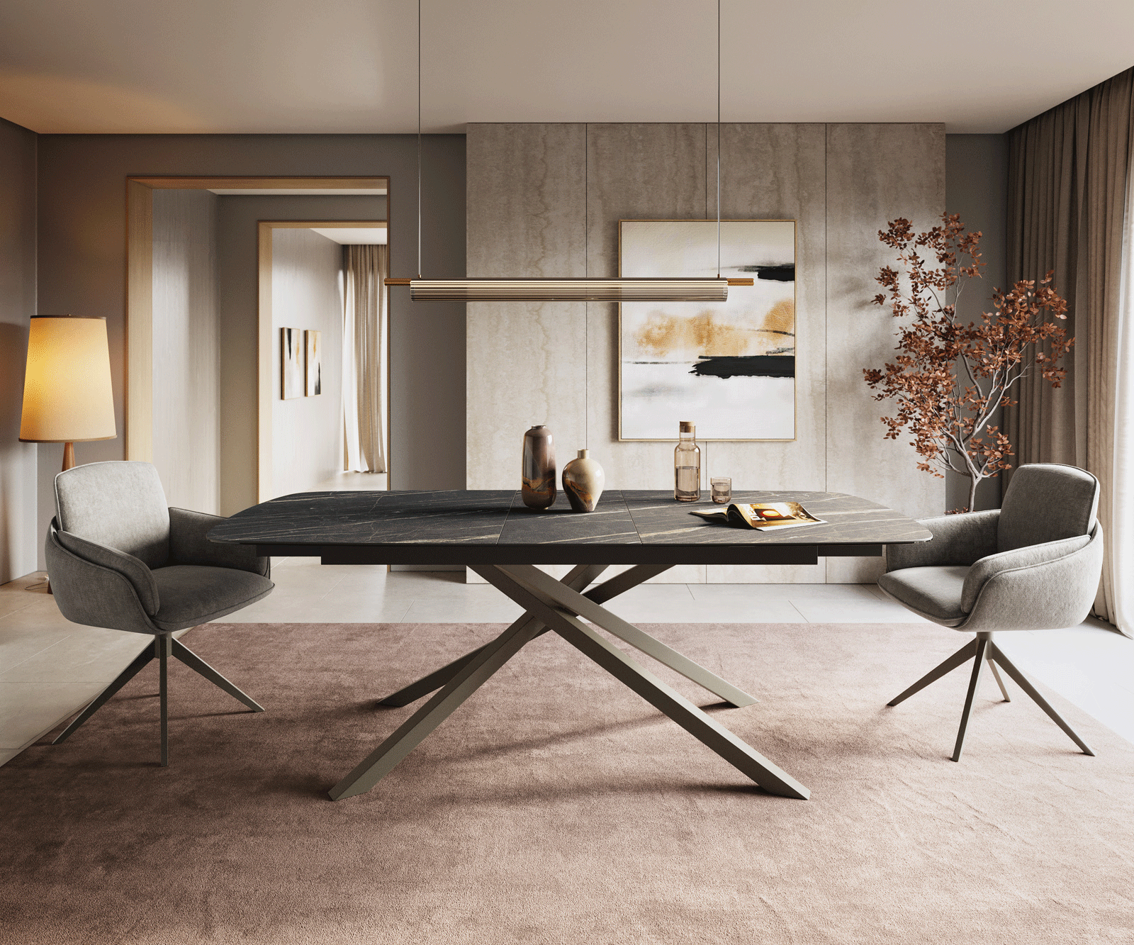 Table à manger Edge Boot 180-220x100 cm Laminam® Céramique Noir Desir Braun piètement en croix Rectangle Finition effet Titan extensible 2