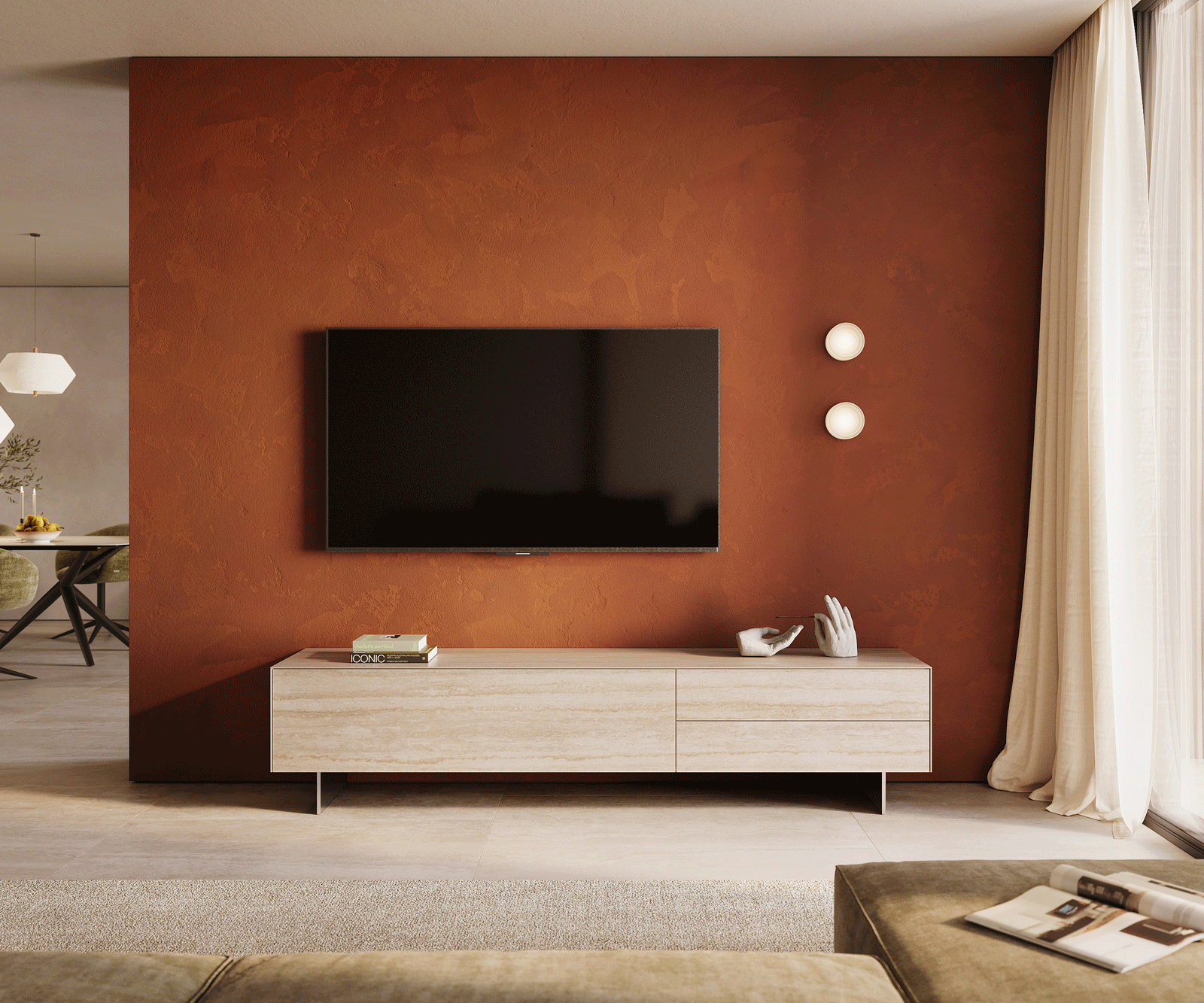 Meuble-TV Cuor 220 cm Céramique Laminam® Travertino Bianco Crème-blanc 1 Clapet 2 Tiroirs Pied optique flottant Ancier inoxydable 2