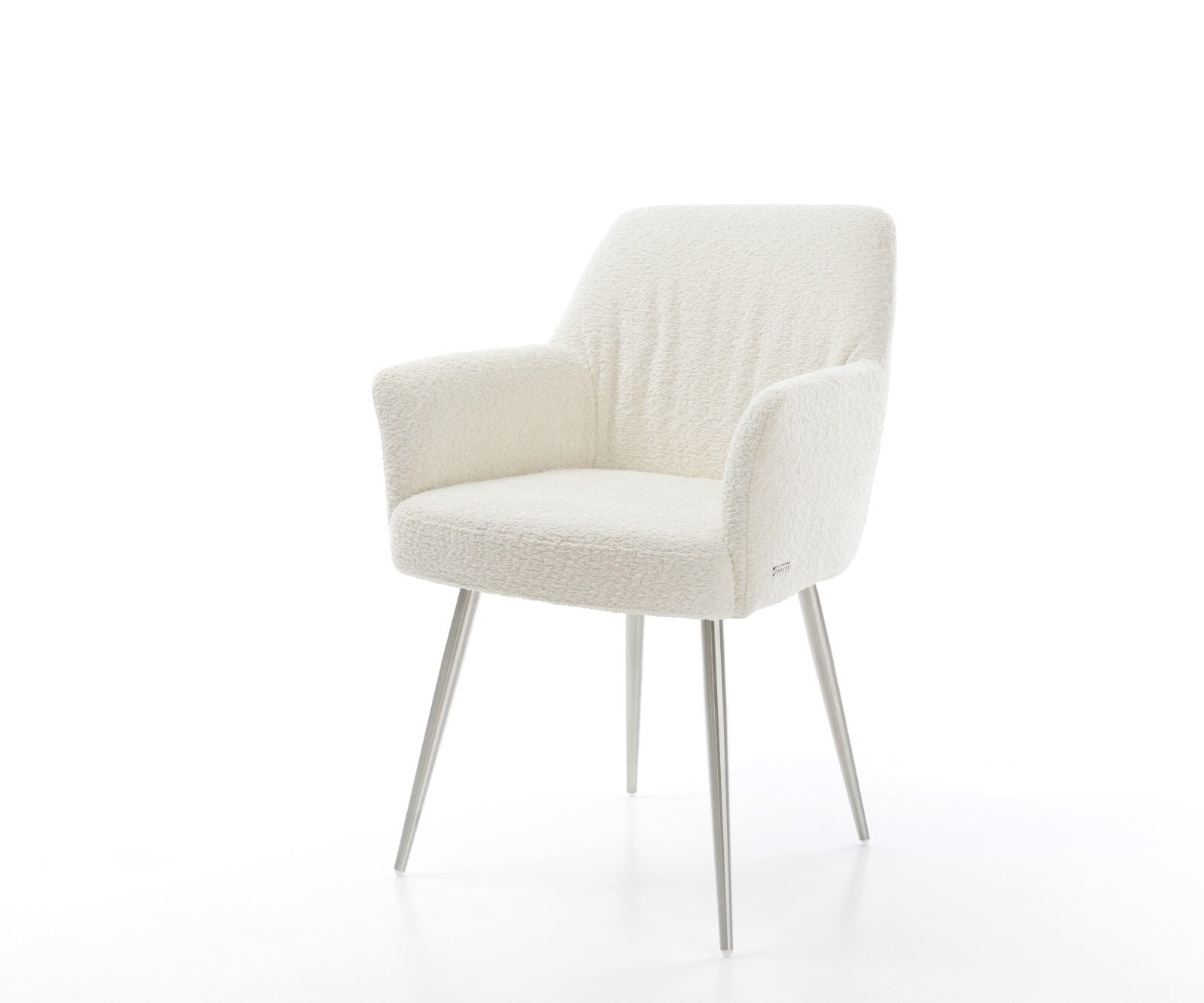 Chaise-de-salle-à-manger Xana-Flex avec accoudoirs bouclé blanc 4 pieds coniques acier inoxydable brossé ressorts ensachés