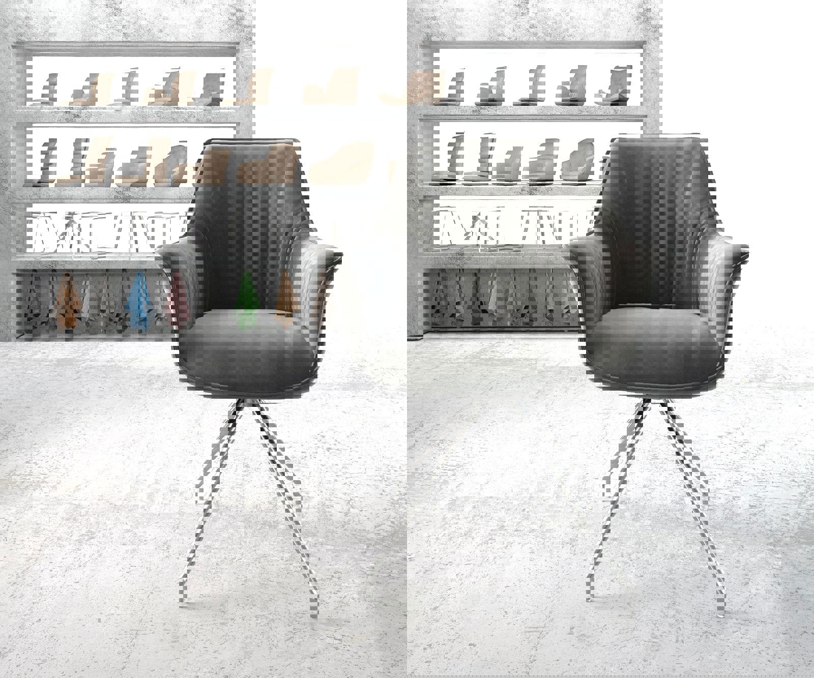 Chaise-de-salle-à-manger Keila-Flex avec accoudoirs velours gris pied croisé conique acier inoxydable brossé 2