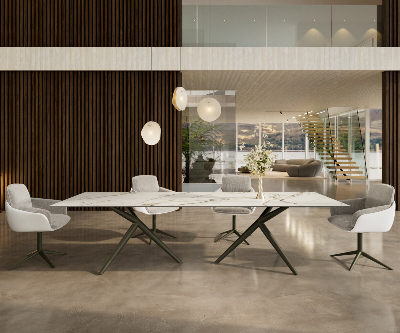 Table à manger Edge 300x100 Céramique Calacatta Luxe Blanc-Doré-Gris Estelar rond Métal finition à effet Titane