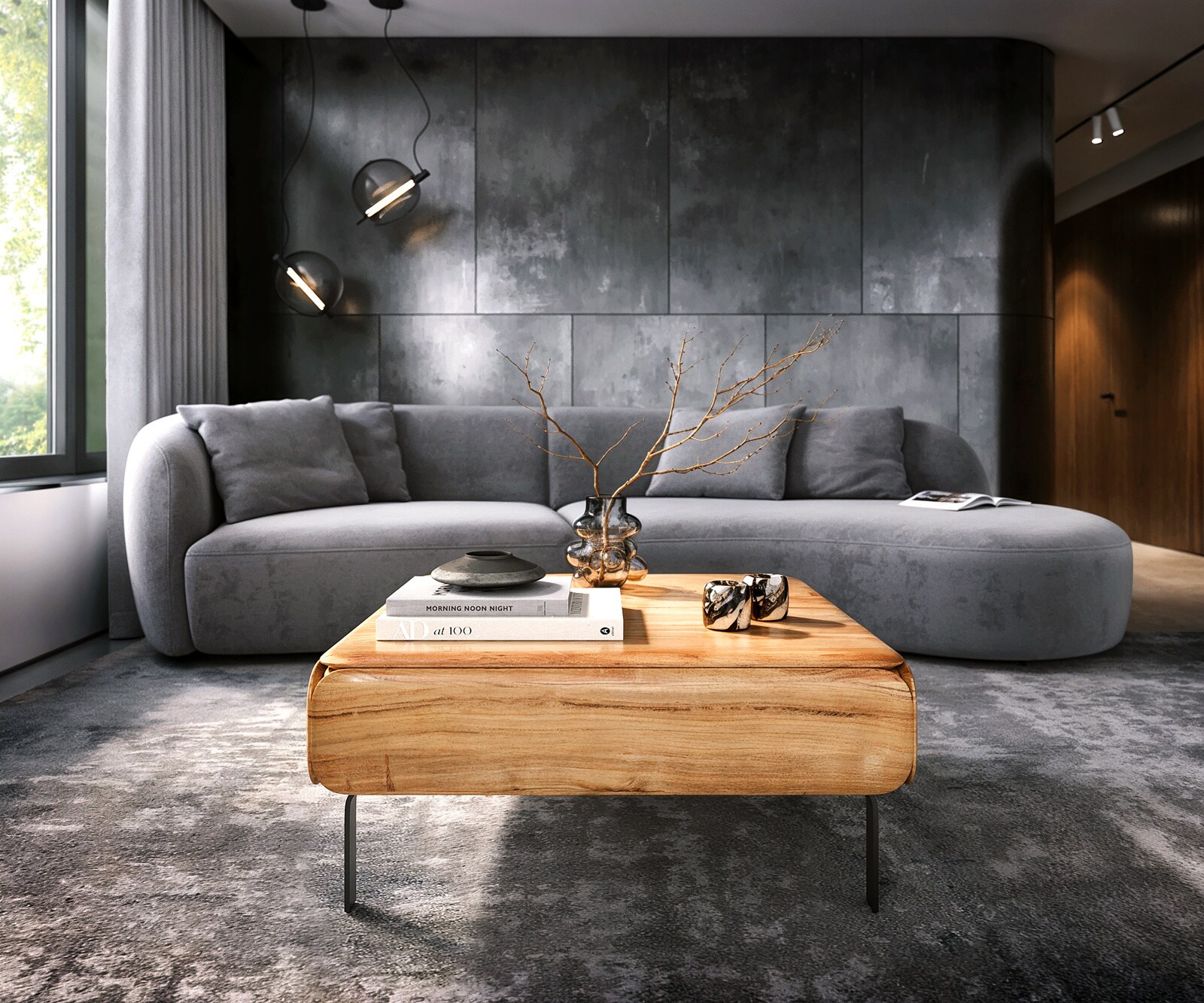 Table-basse Shavani 90 x 90 cm, acacia naturel, 2 portes, pieds en L, métal noir 1